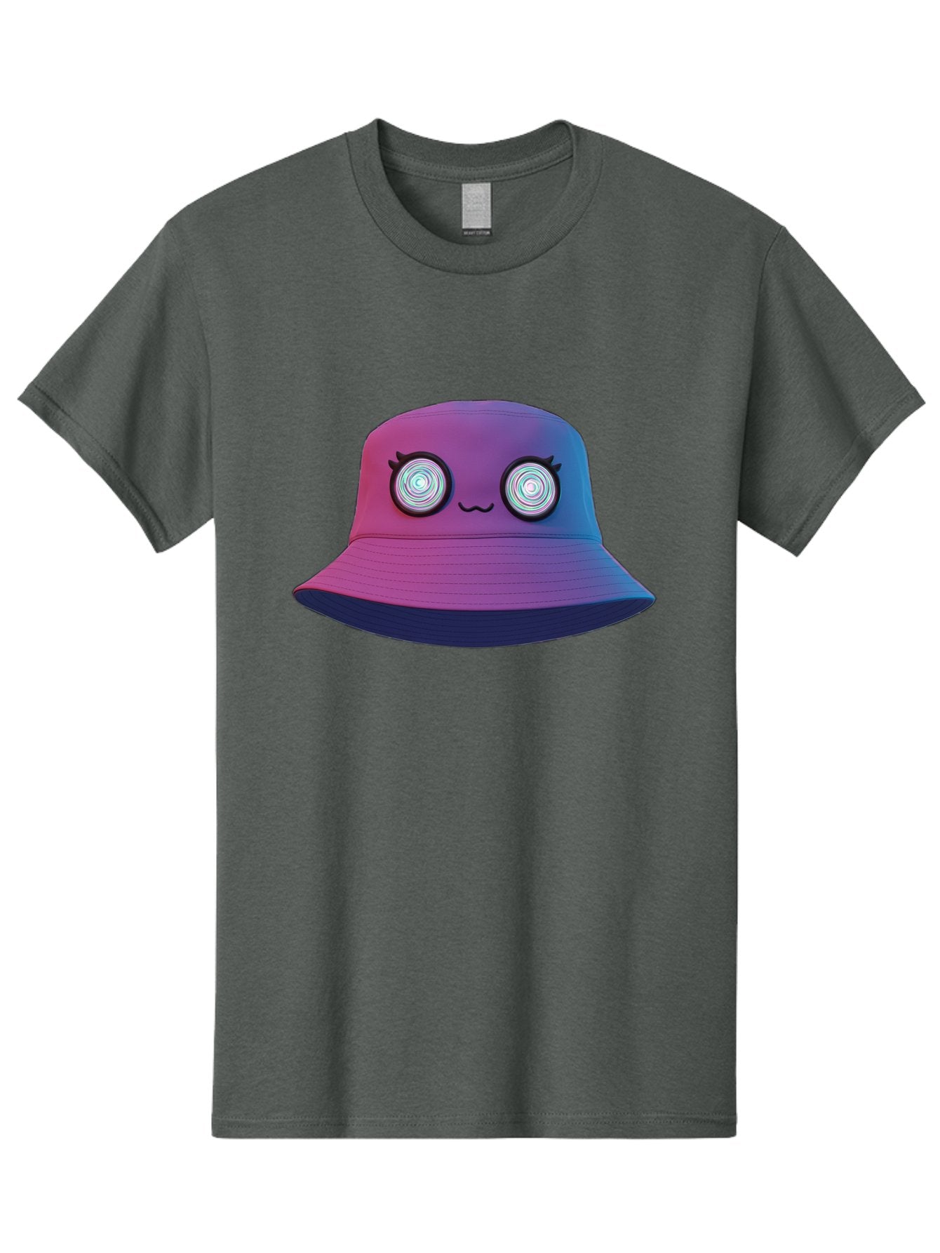 Purple-Bucket-Hat-1 Men'S Graphic Tee, 100% Cotton, Comfortable Casual Summer Wear, Machine Washable, Purple And Blue Bucket Hat, Spiral Eyes, Eyelashes, Smiling Face, Cartoon Character, Digital Illustration, Trendy Fashion, Bad459 10