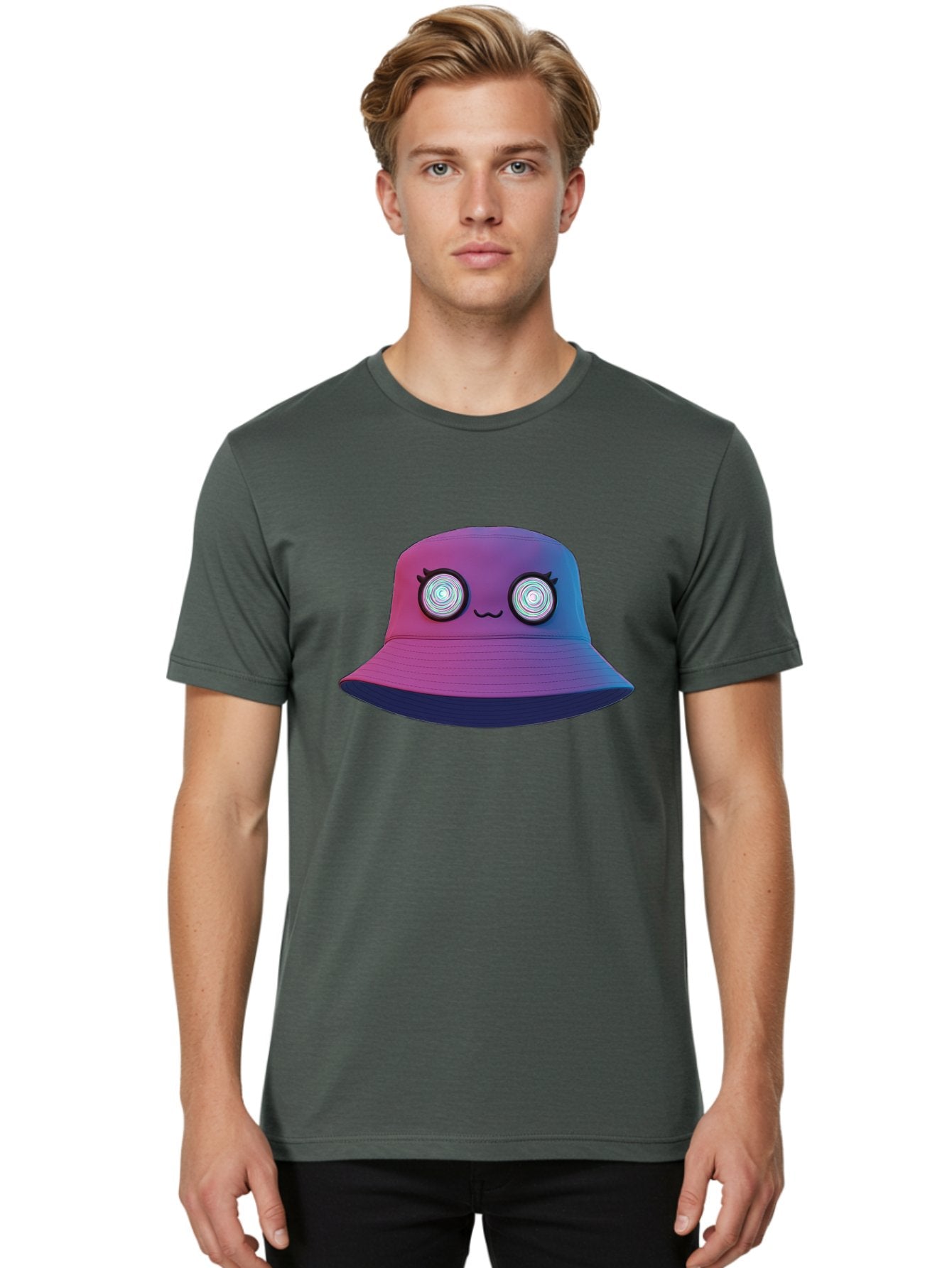 Purple-Bucket-Hat-1 Men'S Graphic Tee, 100% Cotton, Comfortable Casual Summer Wear, Machine Washable, Purple And Blue Bucket Hat, Spiral Eyes, Eyelashes, Smiling Face, Cartoon Character, Digital Illustration, Trendy Fashion, Bad459 17