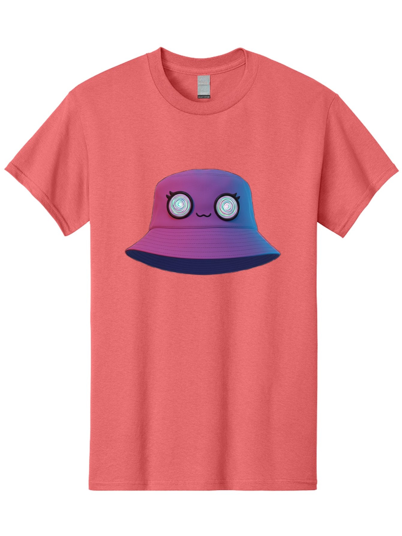 Purple-Bucket-Hat-1 Men'S Graphic Tee, 100% Cotton, Comfortable Casual Summer Wear, Machine Washable, Purple And Blue Bucket Hat, Spiral Eyes, Eyelashes, Smiling Face, Cartoon Character, Digital Illustration, Trendy Fashion, Bad459 5