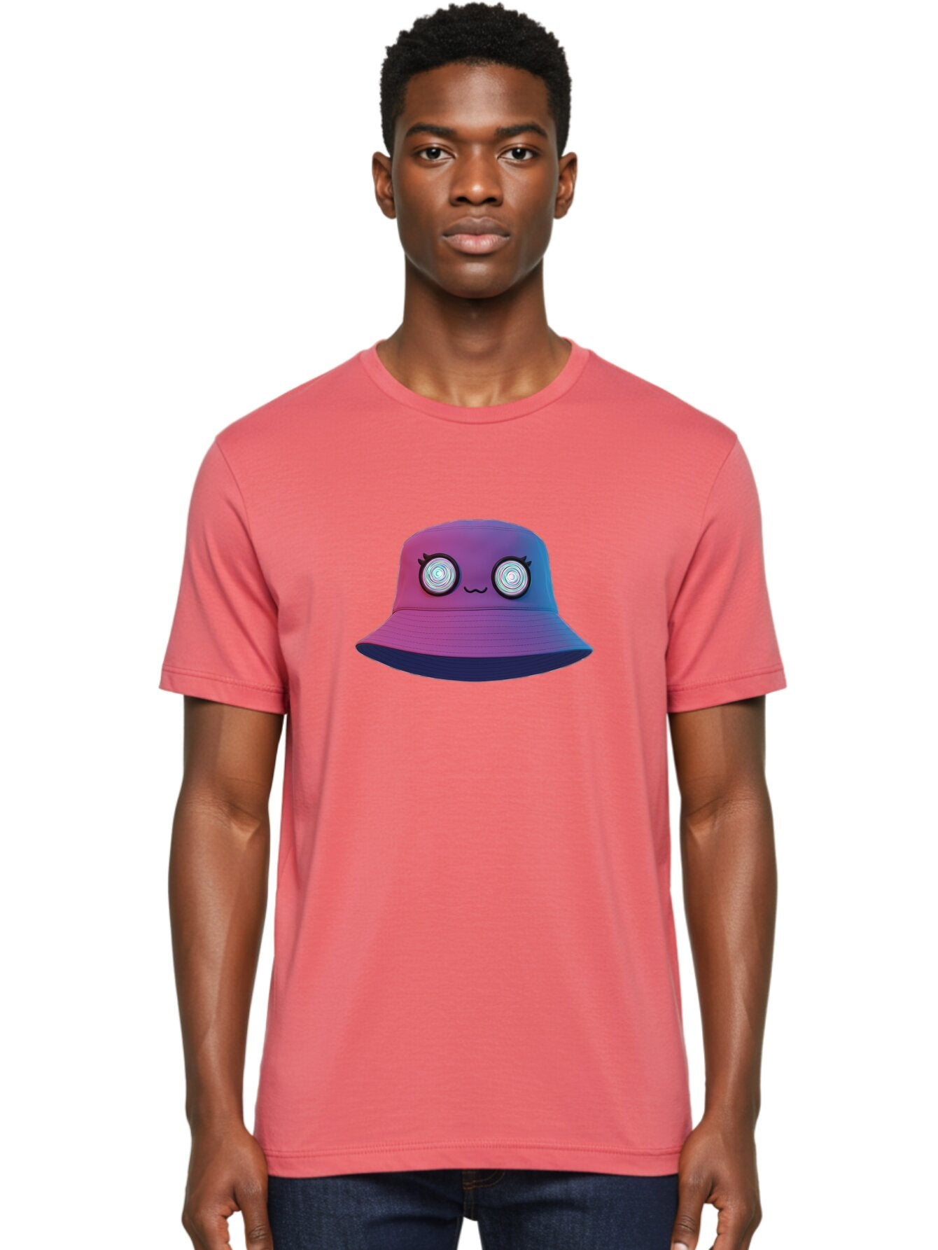 Purple-Bucket-Hat-1 Men'S Graphic Tee, 100% Cotton, Comfortable Casual Summer Wear, Machine Washable, Purple And Blue Bucket Hat, Spiral Eyes, Eyelashes, Smiling Face, Cartoon Character, Digital Illustration, Trendy Fashion, Bad459 23