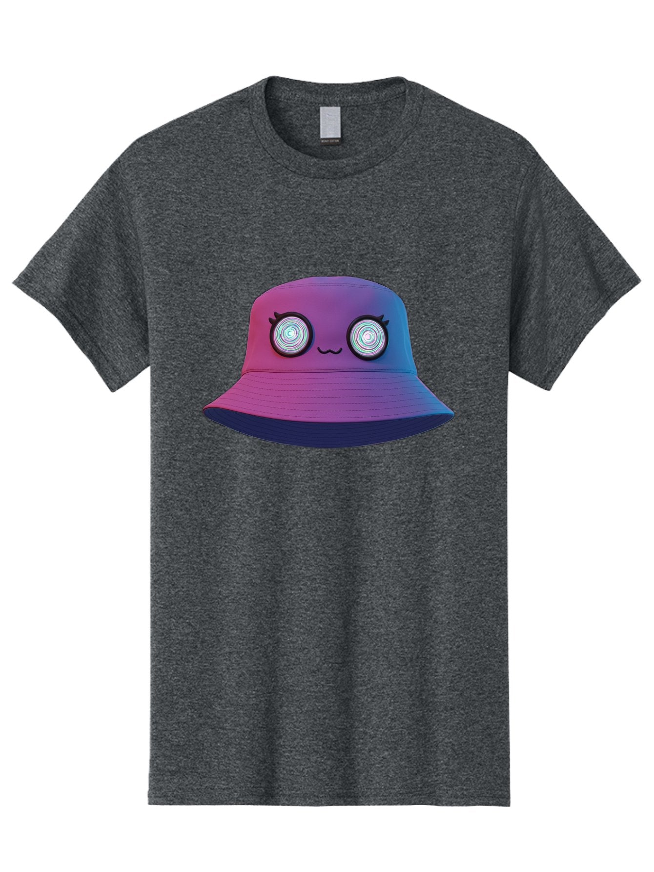 Purple-Bucket-Hat-1 Men'S Graphic Tee, 100% Cotton, Comfortable Casual Summer Wear, Machine Washable, Purple And Blue Bucket Hat, Spiral Eyes, Eyelashes, Smiling Face, Cartoon Character, Digital Illustration, Trendy Fashion, Bad459 3