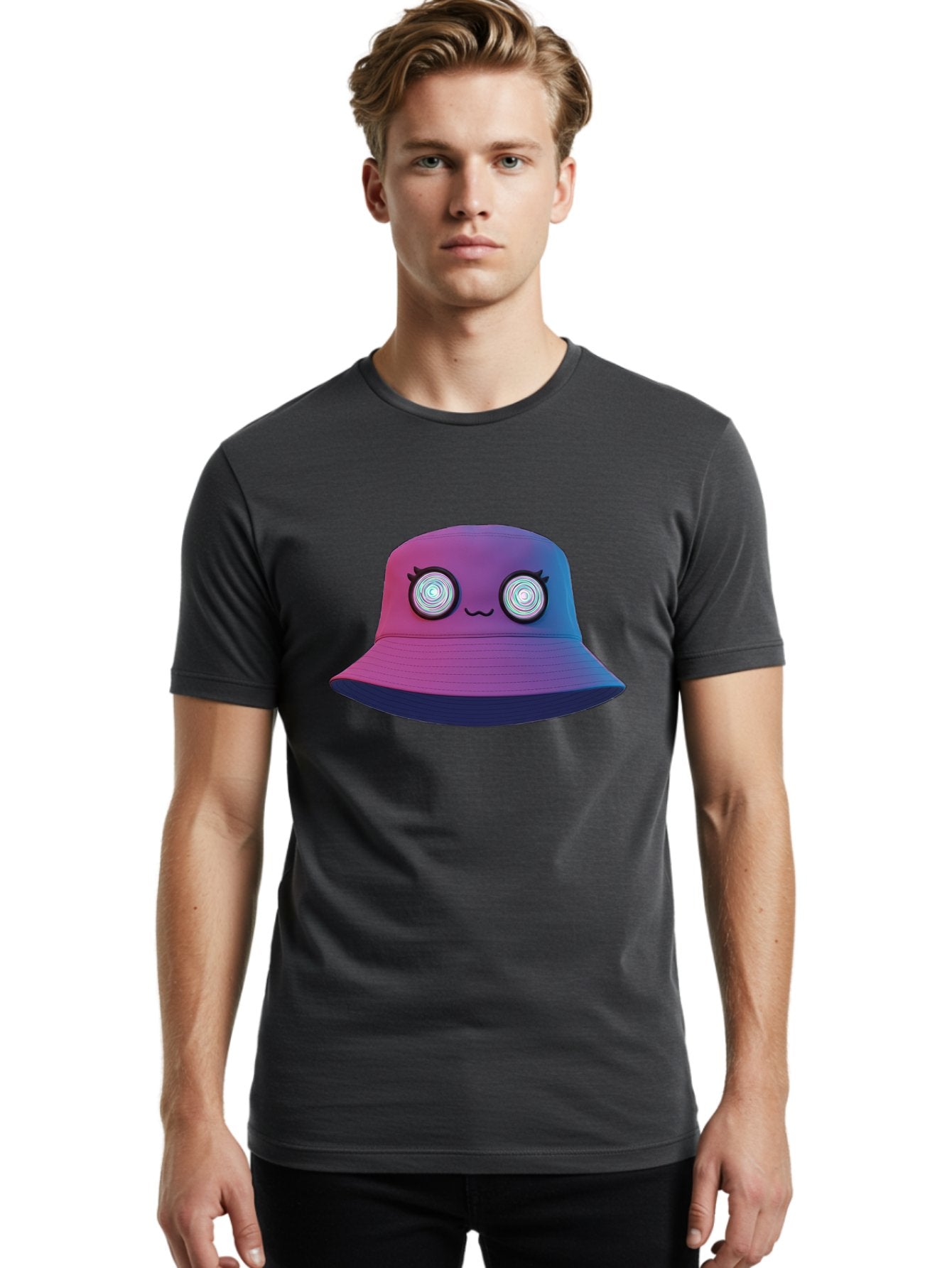 Purple-Bucket-Hat-1 Men'S Graphic Tee, 100% Cotton, Comfortable Casual Summer Wear, Machine Washable, Purple And Blue Bucket Hat, Spiral Eyes, Eyelashes, Smiling Face, Cartoon Character, Digital Illustration, Trendy Fashion, Bad459 22