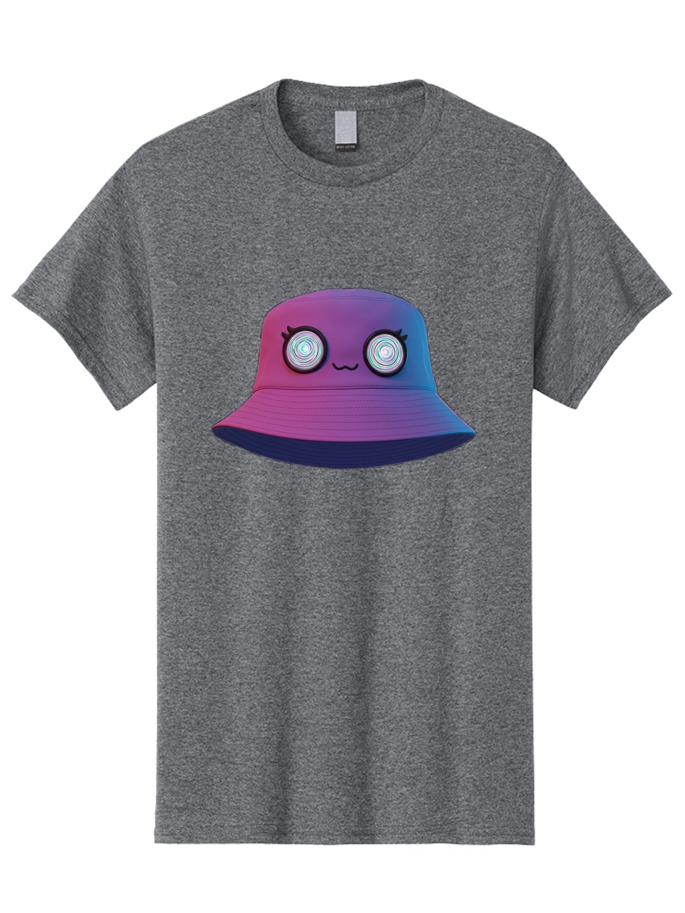 Purple-Bucket-Hat-1 Men'S Graphic Tee, 100% Cotton, Comfortable Casual Summer Wear, Machine Washable, Purple And Blue Bucket Hat, Spiral Eyes, Eyelashes, Smiling Face, Cartoon Character, Digital Illustration, Trendy Fashion, Bad459 8