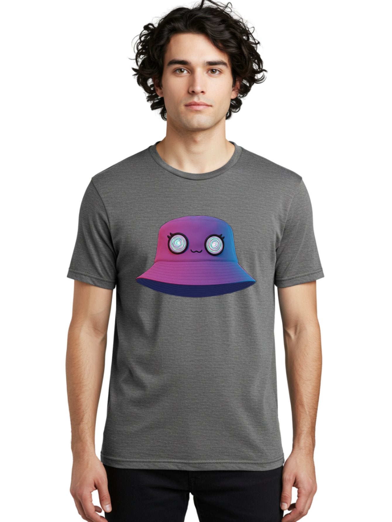 Purple-Bucket-Hat-1 Men'S Graphic Tee, 100% Cotton, Comfortable Casual Summer Wear, Machine Washable, Purple And Blue Bucket Hat, Spiral Eyes, Eyelashes, Smiling Face, Cartoon Character, Digital Illustration, Trendy Fashion, Bad459 25