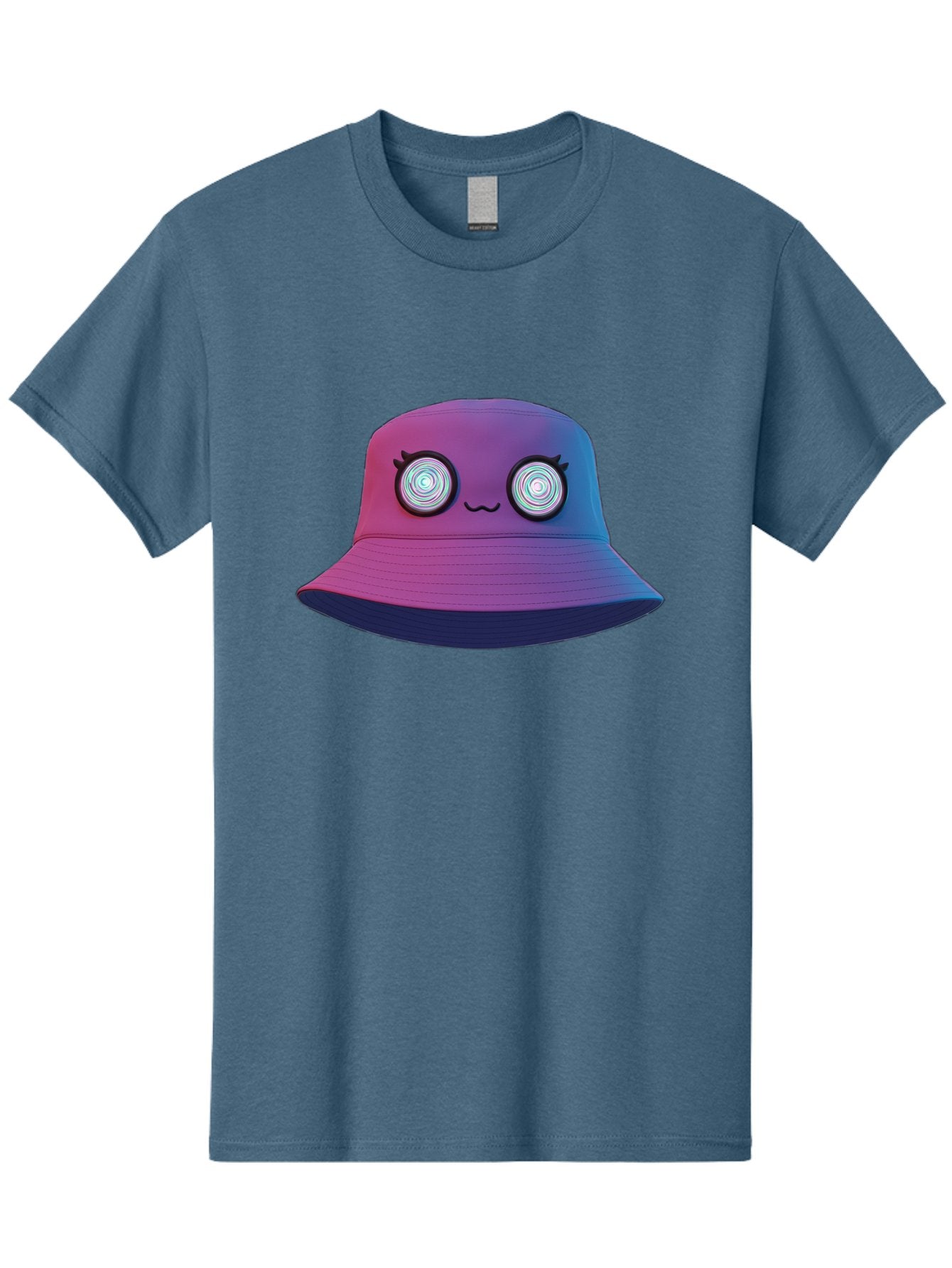 Purple-Bucket-Hat-1 Men'S Graphic Tee, 100% Cotton, Comfortable Casual Summer Wear, Machine Washable, Purple And Blue Bucket Hat, Spiral Eyes, Eyelashes, Smiling Face, Cartoon Character, Digital Illustration, Trendy Fashion, Bad459 13