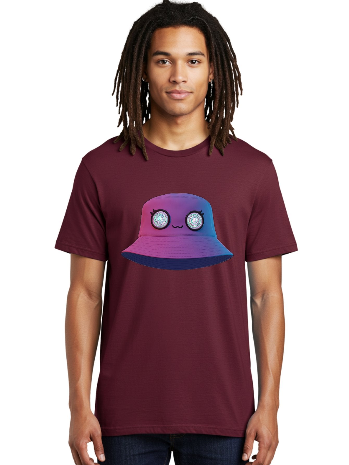 Purple-Bucket-Hat-1 Men'S Graphic Tee, 100% Cotton, Comfortable Casual Summer Wear, Machine Washable, Purple And Blue Bucket Hat, Spiral Eyes, Eyelashes, Smiling Face, Cartoon Character, Digital Illustration, Trendy Fashion, Bad459 28