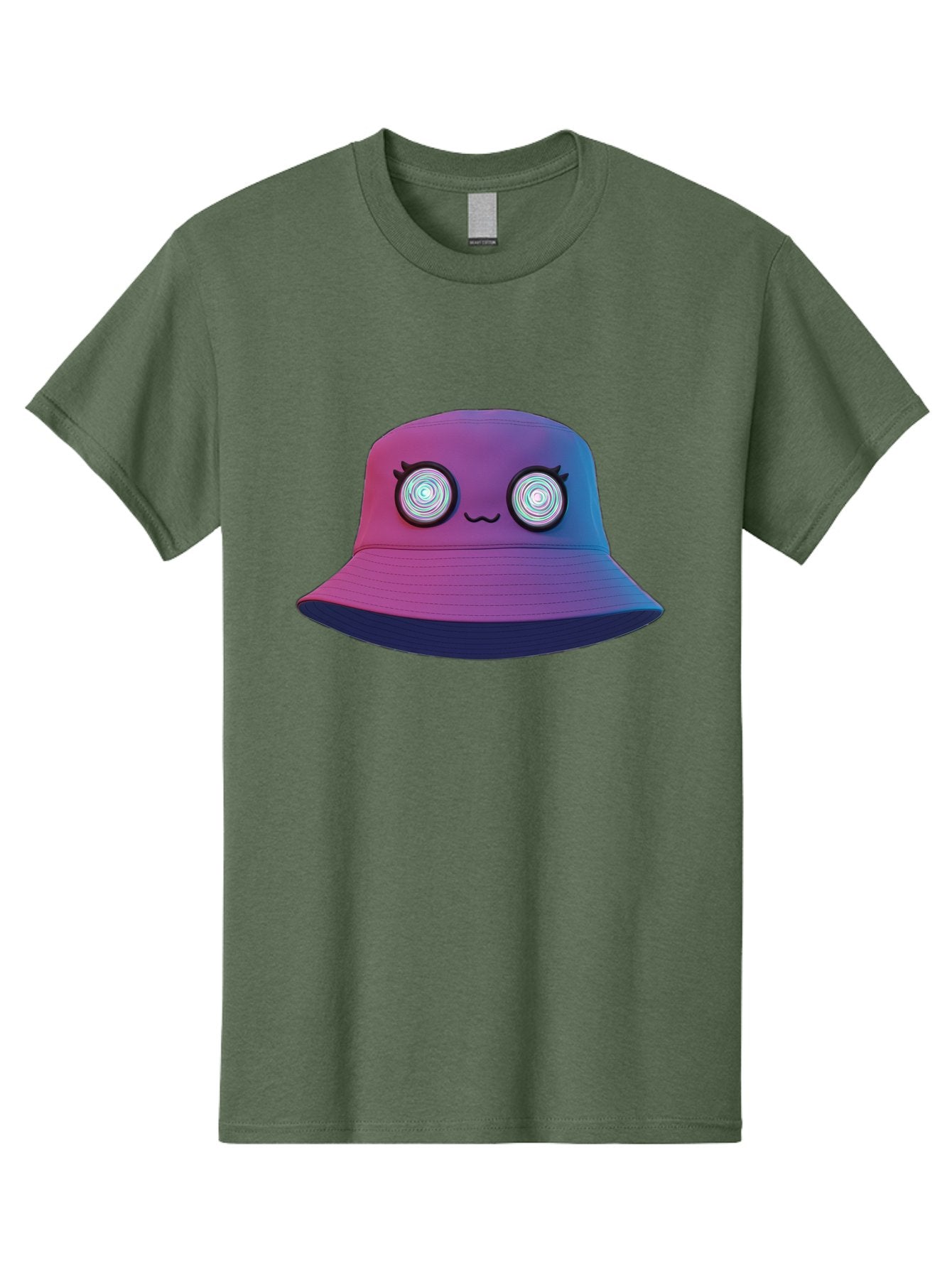 Purple-Bucket-Hat-1 Men'S Graphic Tee, 100% Cotton, Comfortable Casual Summer Wear, Machine Washable, Purple And Blue Bucket Hat, Spiral Eyes, Eyelashes, Smiling Face, Cartoon Character, Digital Illustration, Trendy Fashion, Bad459 15