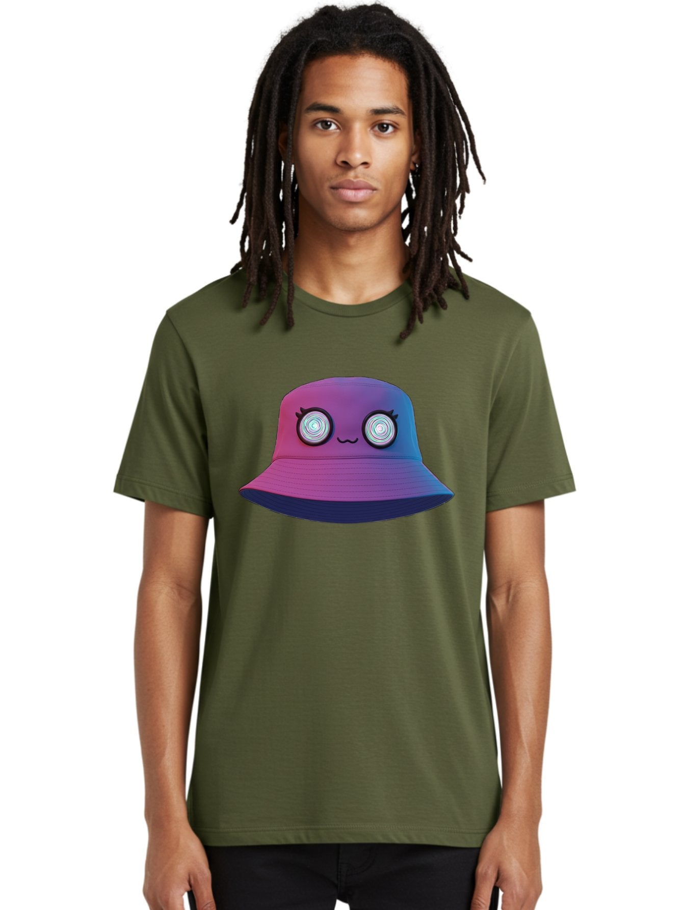 Purple-Bucket-Hat-1 Men'S Graphic Tee, 100% Cotton, Comfortable Casual Summer Wear, Machine Washable, Purple And Blue Bucket Hat, Spiral Eyes, Eyelashes, Smiling Face, Cartoon Character, Digital Illustration, Trendy Fashion, Bad459 30