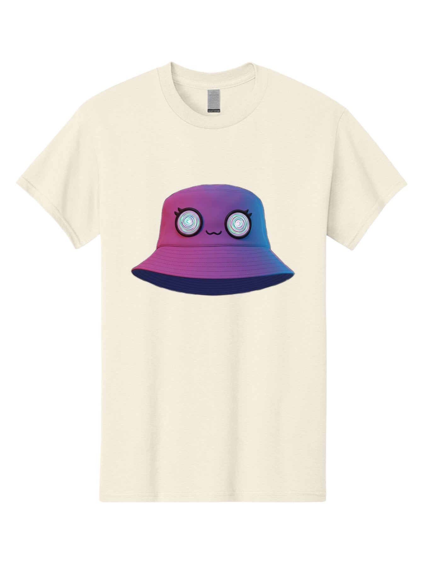 Purple-Bucket-Hat-1 Men'S Graphic Tee, 100% Cotton, Comfortable Casual Summer Wear, Machine Washable, Purple And Blue Bucket Hat, Spiral Eyes, Eyelashes, Smiling Face, Cartoon Character, Digital Illustration, Trendy Fashion, Bad459 14