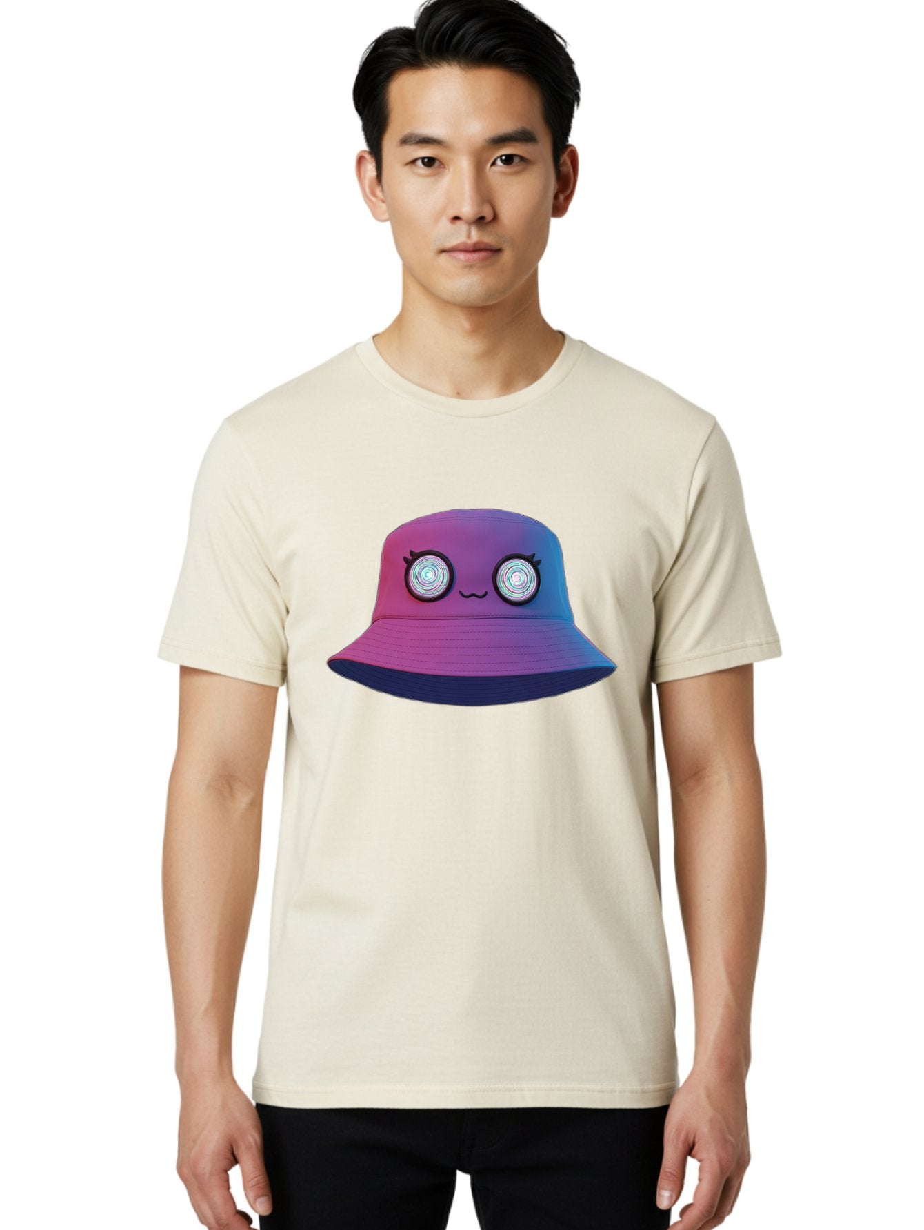 Purple-Bucket-Hat-1 Men'S Graphic Tee, 100% Cotton, Comfortable Casual Summer Wear, Machine Washable, Purple And Blue Bucket Hat, Spiral Eyes, Eyelashes, Smiling Face, Cartoon Character, Digital Illustration, Trendy Fashion, Bad459 29