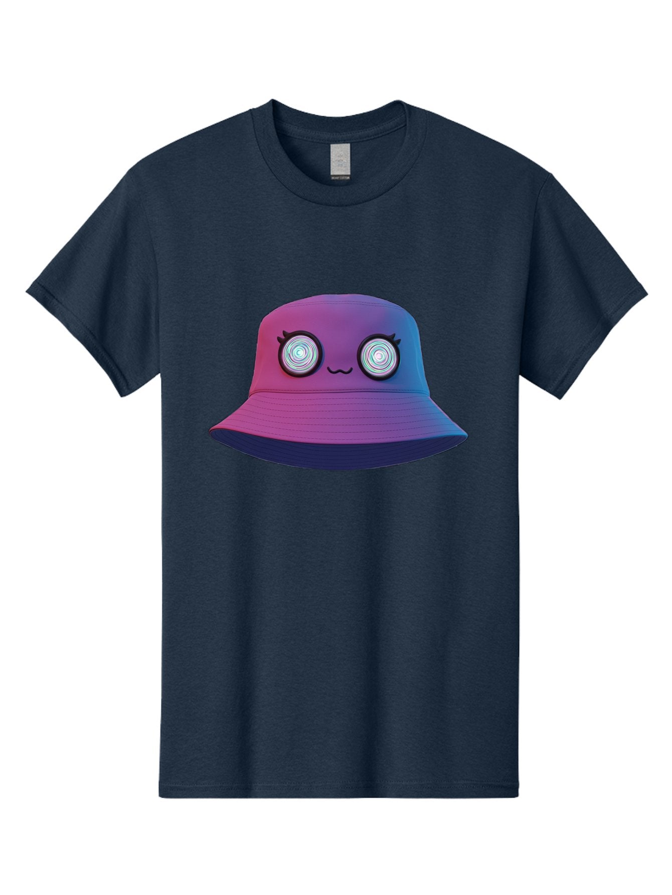 Purple-Bucket-Hat-1 Men'S Graphic Tee, 100% Cotton, Comfortable Casual Summer Wear, Machine Washable, Purple And Blue Bucket Hat, Spiral Eyes, Eyelashes, Smiling Face, Cartoon Character, Digital Illustration, Trendy Fashion, Bad459 4