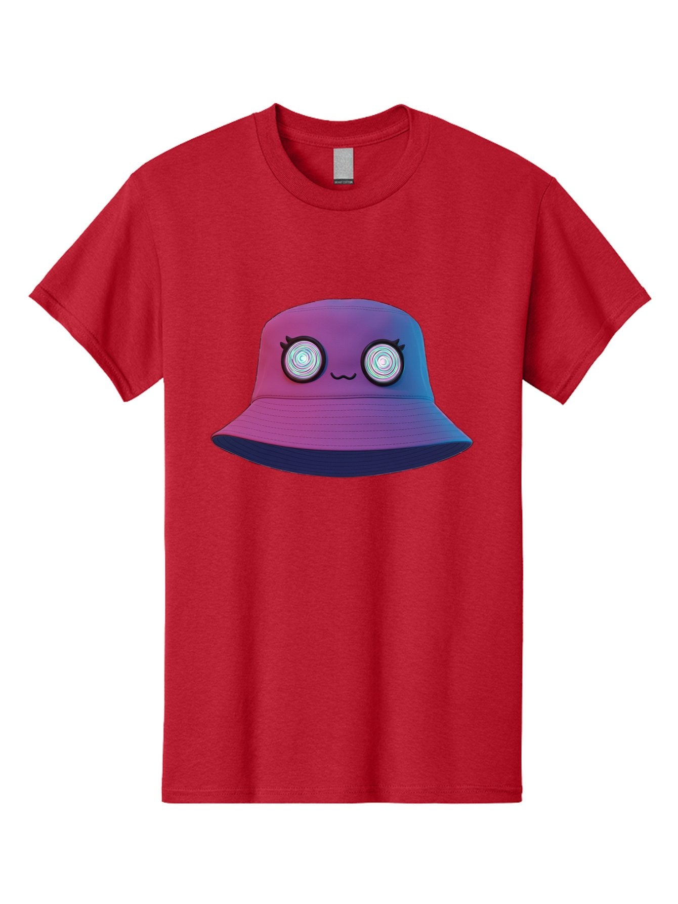 Purple-Bucket-Hat-1 Men'S Graphic Tee, 100% Cotton, Comfortable Casual Summer Wear, Machine Washable, Purple And Blue Bucket Hat, Spiral Eyes, Eyelashes, Smiling Face, Cartoon Character, Digital Illustration, Trendy Fashion, Bad459 6