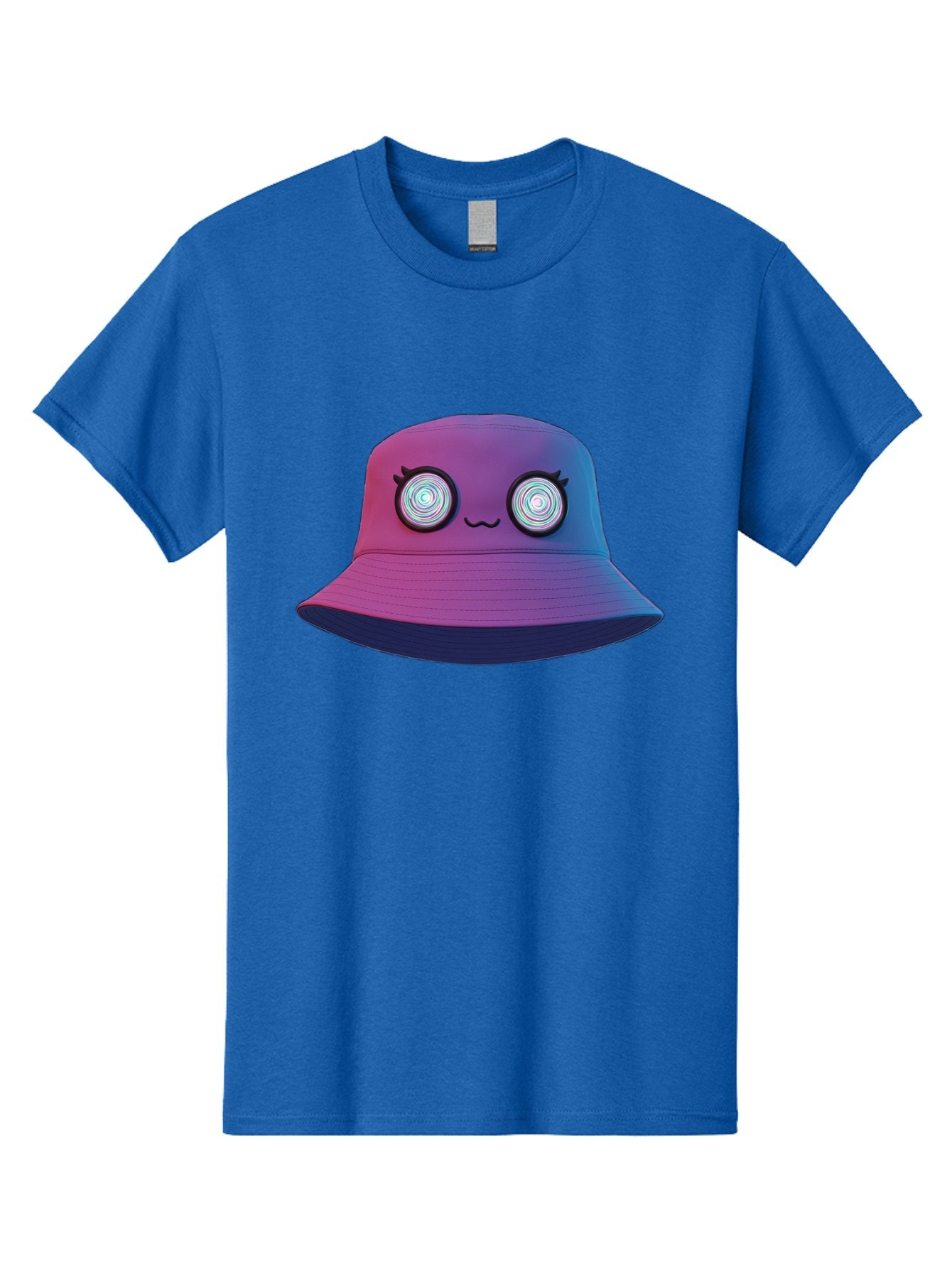 Purple-Bucket-Hat-1 Men'S Graphic Tee, 100% Cotton, Comfortable Casual Summer Wear, Machine Washable, Purple And Blue Bucket Hat, Spiral Eyes, Eyelashes, Smiling Face, Cartoon Character, Digital Illustration, Trendy Fashion, Bad459 7