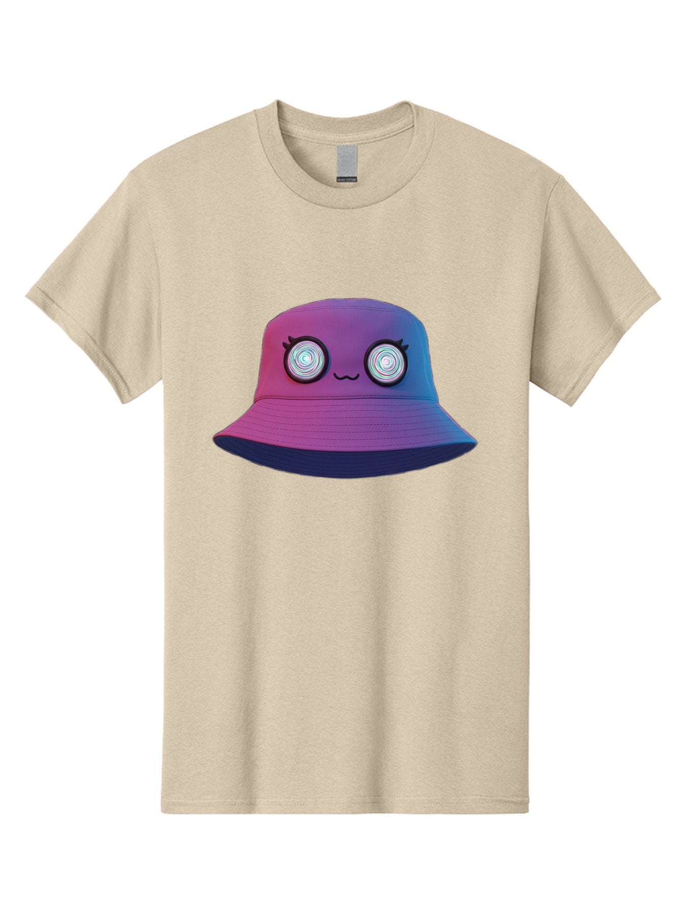 Purple-Bucket-Hat-1 Men'S Graphic Tee, 100% Cotton, Comfortable Casual Summer Wear, Machine Washable, Purple And Blue Bucket Hat, Spiral Eyes, Eyelashes, Smiling Face, Cartoon Character, Digital Illustration, Trendy Fashion, Bad459 9