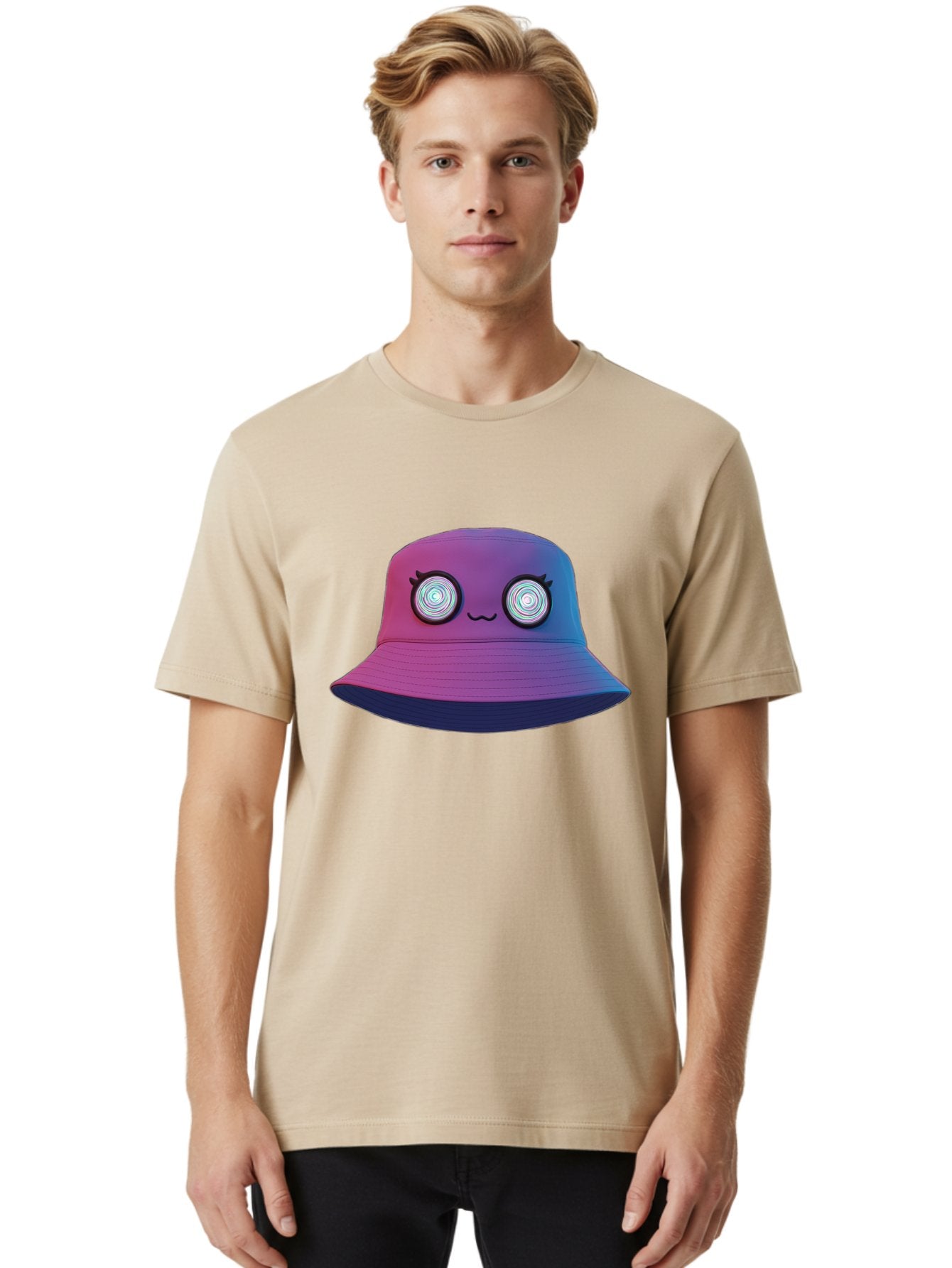 Purple-Bucket-Hat-1 Men'S Graphic Tee, 100% Cotton, Comfortable Casual Summer Wear, Machine Washable, Purple And Blue Bucket Hat, Spiral Eyes, Eyelashes, Smiling Face, Cartoon Character, Digital Illustration, Trendy Fashion, Bad459 26