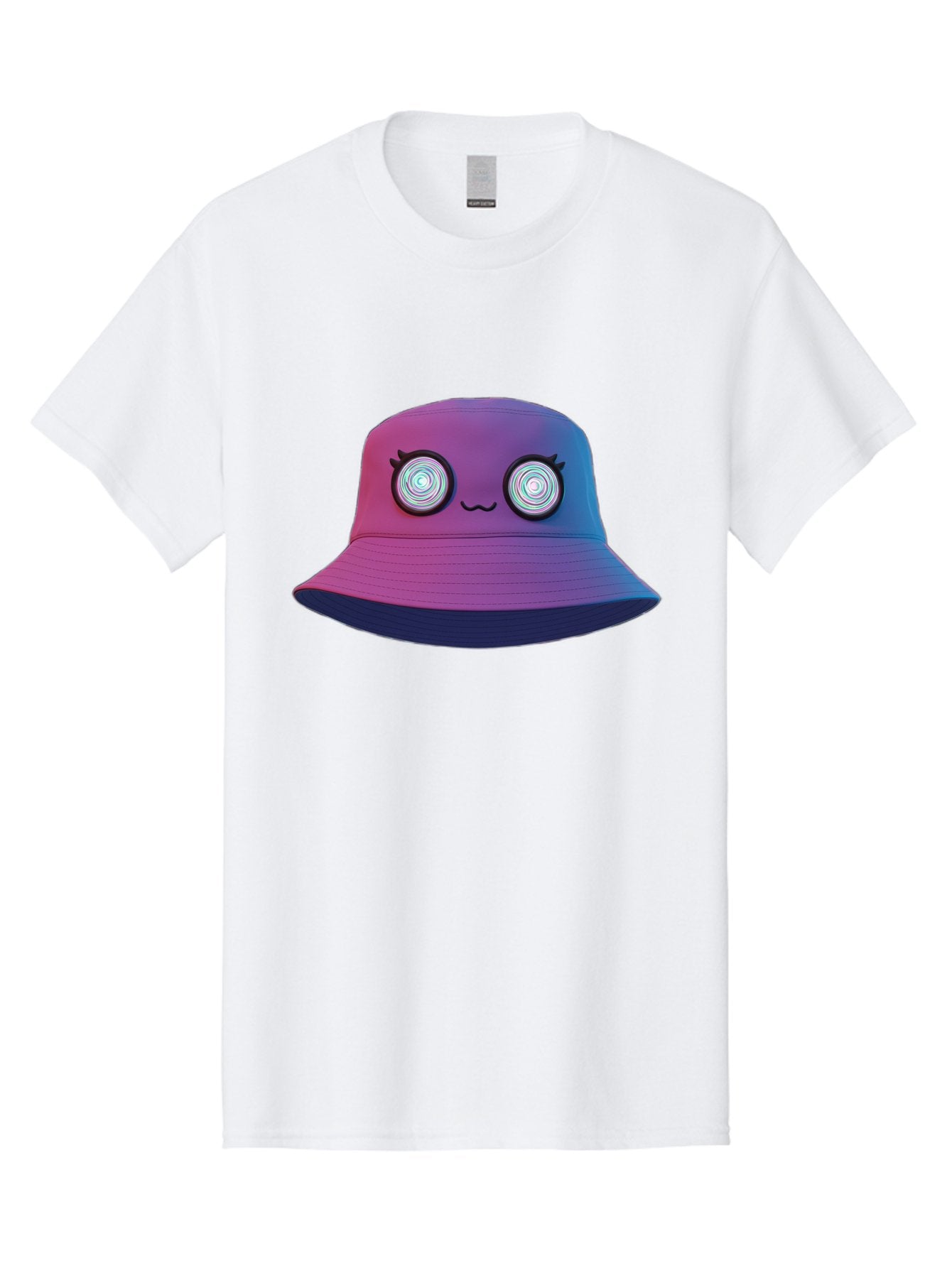 Purple-Bucket-Hat-1 Men'S Graphic Tee, 100% Cotton, Comfortable Casual Summer Wear, Machine Washable, Purple And Blue Bucket Hat, Spiral Eyes, Eyelashes, Smiling Face, Cartoon Character, Digital Illustration, Trendy Fashion, Bad459 11