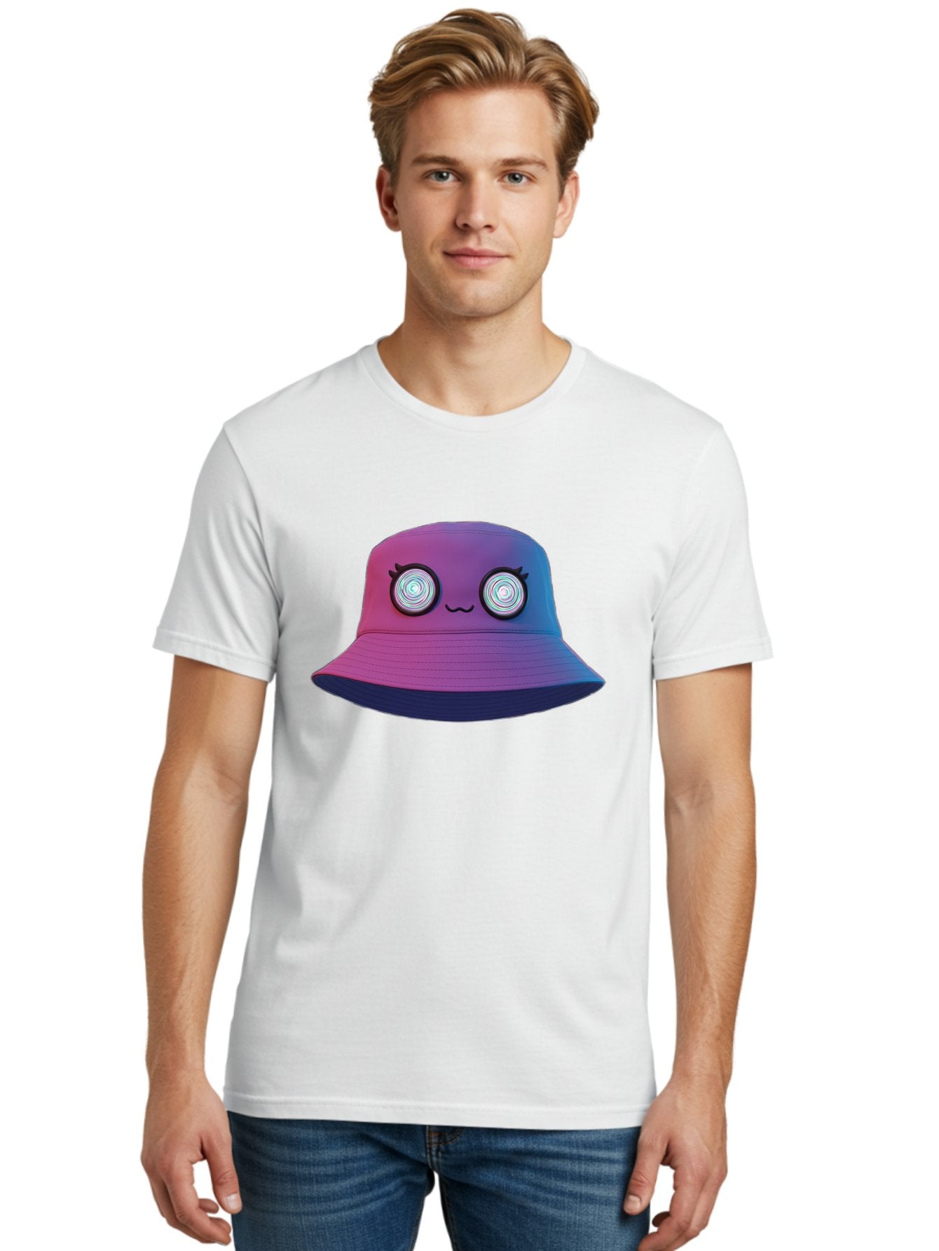Purple-Bucket-Hat-1 Men'S Graphic Tee, 100% Cotton, Comfortable Casual Summer Wear, Machine Washable, Purple And Blue Bucket Hat, Spiral Eyes, Eyelashes, Smiling Face, Cartoon Character, Digital Illustration, Trendy Fashion, Bad459 27