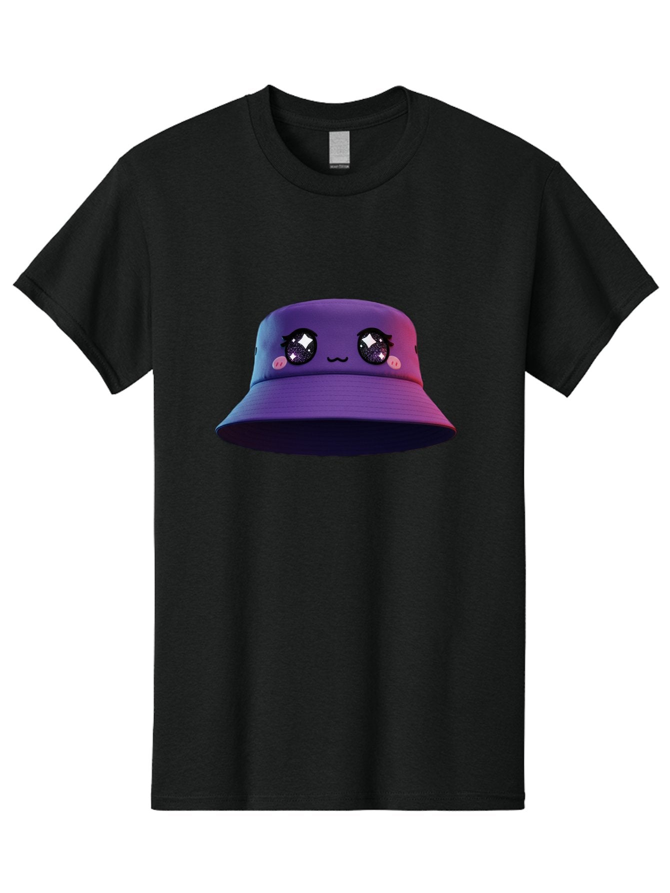 Purple-Bucket-Hat Men'S Graphic Tee, 100% Cotton, Comfortable Casual Summer Wear, Machine Washable, Purple Bucket Hat, Cartoonish Face, Anime Style, Kawaii Fashion, Sparkly Eyes, Fashionable Accessory, Trendy Headwear, Youth Culture, Bad461 3