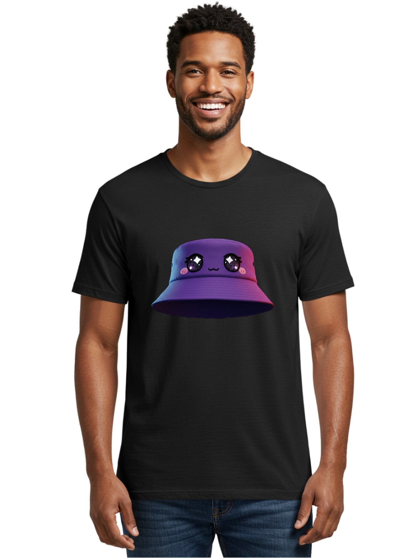Purple-Bucket-Hat Men'S Graphic Tee, 100% Cotton, Comfortable Casual Summer Wear, Machine Washable, Purple Bucket Hat, Cartoonish Face, Anime Style, Kawaii Fashion, Sparkly Eyes, Fashionable Accessory, Trendy Headwear, Youth Culture, Bad461 22