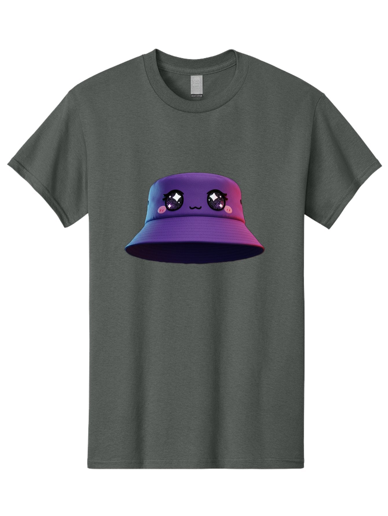 Purple-Bucket-Hat Men'S Graphic Tee, 100% Cotton, Comfortable Casual Summer Wear, Machine Washable, Purple Bucket Hat, Cartoonish Face, Anime Style, Kawaii Fashion, Sparkly Eyes, Fashionable Accessory, Trendy Headwear, Youth Culture, Bad461 6