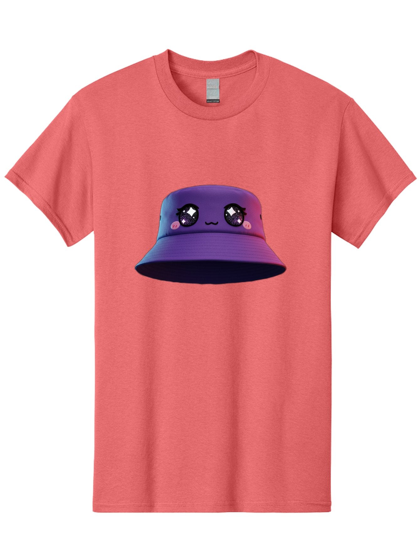 Purple-Bucket-Hat Men'S Graphic Tee, 100% Cotton, Comfortable Casual Summer Wear, Machine Washable, Purple Bucket Hat, Cartoonish Face, Anime Style, Kawaii Fashion, Sparkly Eyes, Fashionable Accessory, Trendy Headwear, Youth Culture, Bad461 9