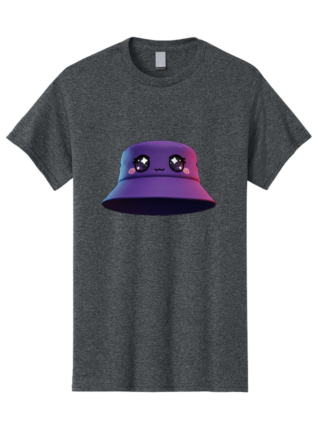 Purple-Bucket-Hat Men'S Graphic Tee, 100% Cotton, Comfortable Casual Summer Wear, Machine Washable, Purple Bucket Hat, Cartoonish Face, Anime Style, Kawaii Fashion, Sparkly Eyes, Fashionable Accessory, Trendy Headwear, Youth Culture, Bad461 12