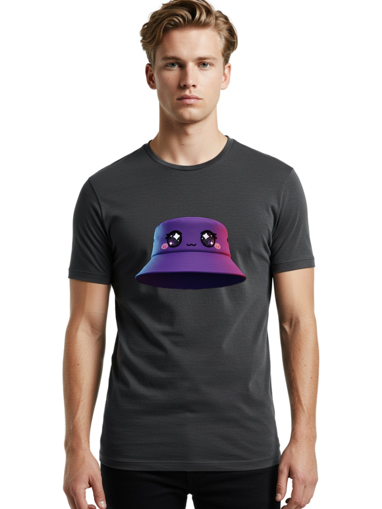 Purple-Bucket-Hat Men'S Graphic Tee, 100% Cotton, Comfortable Casual Summer Wear, Machine Washable, Purple Bucket Hat, Cartoonish Face, Anime Style, Kawaii Fashion, Sparkly Eyes, Fashionable Accessory, Trendy Headwear, Youth Culture, Bad461 28