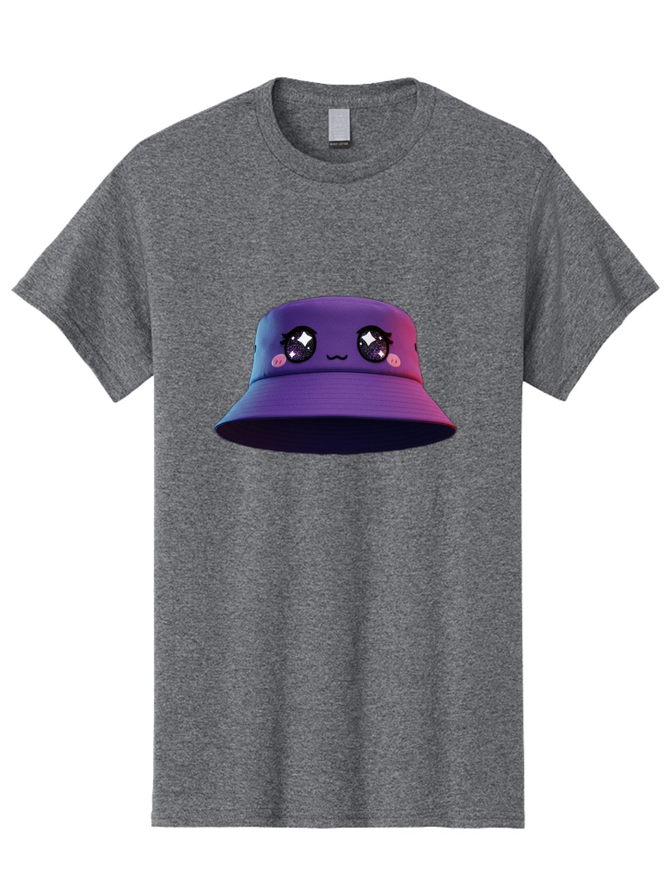 Purple-Bucket-Hat Men'S Graphic Tee, 100% Cotton, Comfortable Casual Summer Wear, Machine Washable, Purple Bucket Hat, Cartoonish Face, Anime Style, Kawaii Fashion, Sparkly Eyes, Fashionable Accessory, Trendy Headwear, Youth Culture, Bad461