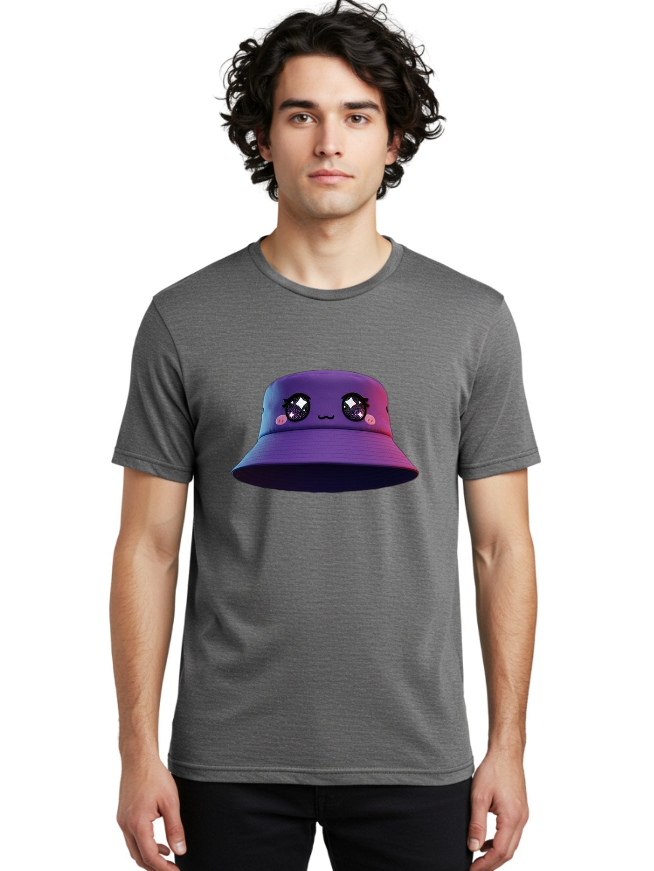Purple-Bucket-Hat Men'S Graphic Tee, 100% Cotton, Comfortable Casual Summer Wear, Machine Washable, Purple Bucket Hat, Cartoonish Face, Anime Style, Kawaii Fashion, Sparkly Eyes, Fashionable Accessory, Trendy Headwear, Youth Culture, Bad461 19