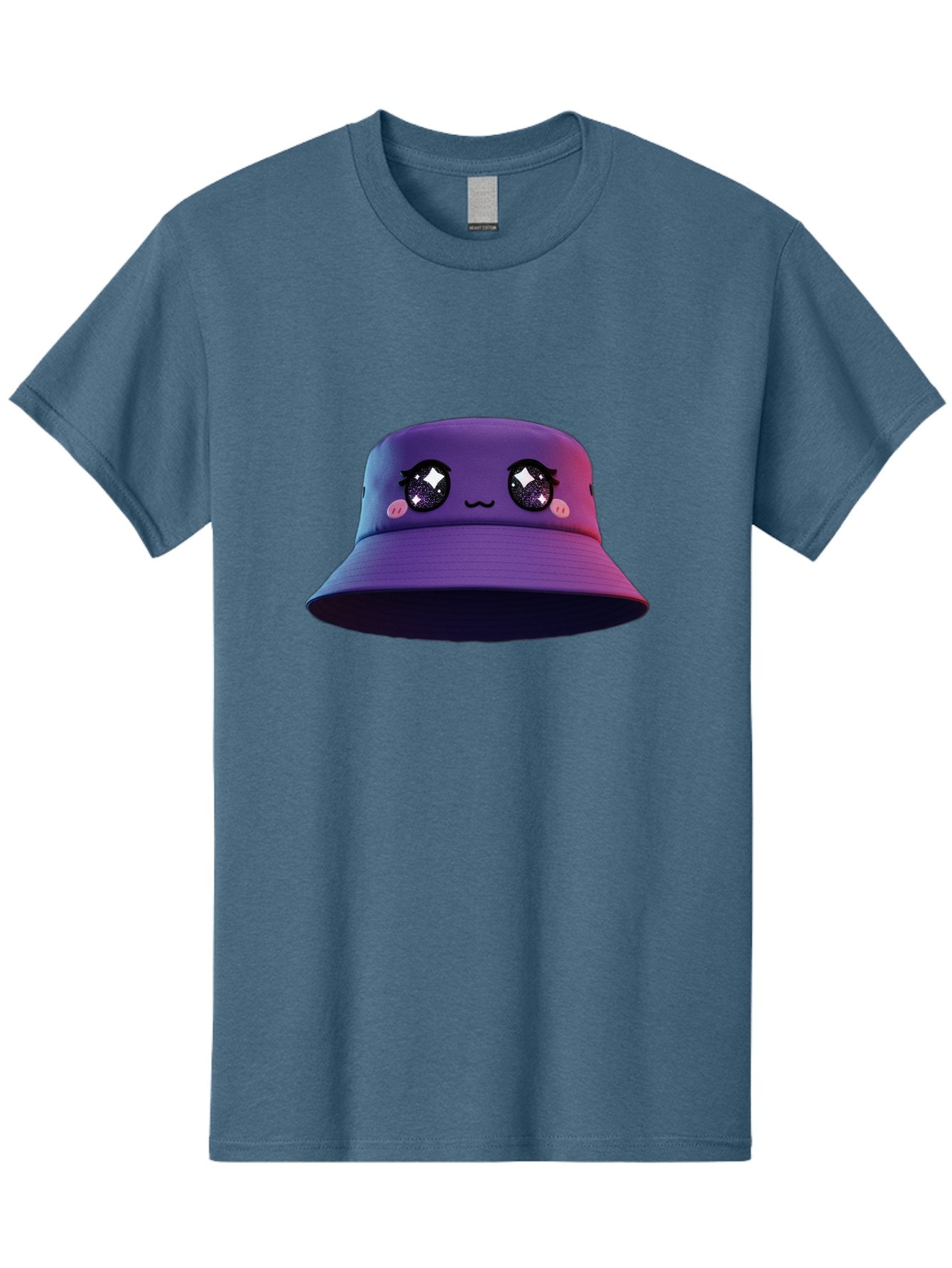 Purple-Bucket-Hat Men'S Graphic Tee, 100% Cotton, Comfortable Casual Summer Wear, Machine Washable, Purple Bucket Hat, Cartoonish Face, Anime Style, Kawaii Fashion, Sparkly Eyes, Fashionable Accessory, Trendy Headwear, Youth Culture, Bad461 7