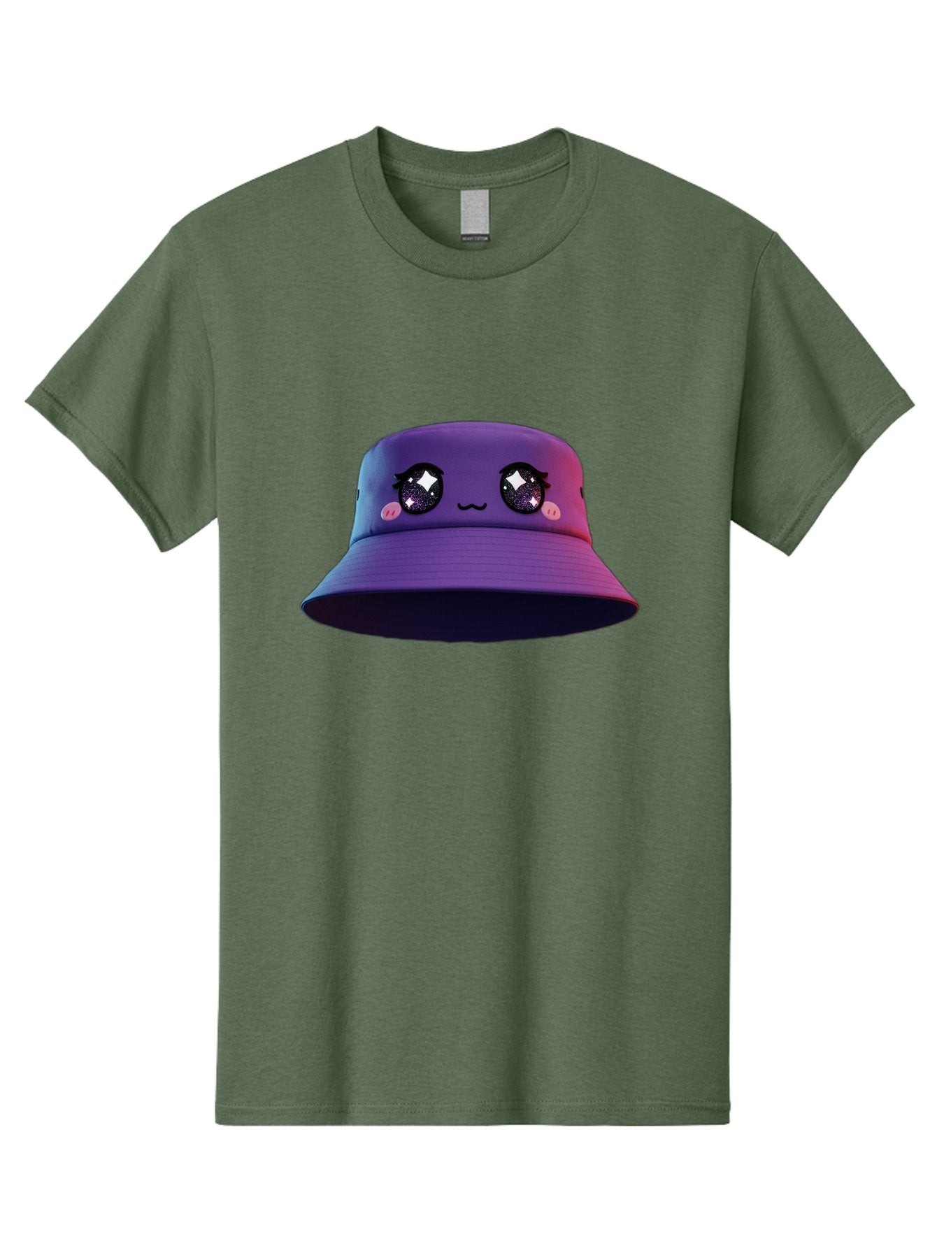 Purple-Bucket-Hat Men'S Graphic Tee, 100% Cotton, Comfortable Casual Summer Wear, Machine Washable, Purple Bucket Hat, Cartoonish Face, Anime Style, Kawaii Fashion, Sparkly Eyes, Fashionable Accessory, Trendy Headwear, Youth Culture, Bad461 10