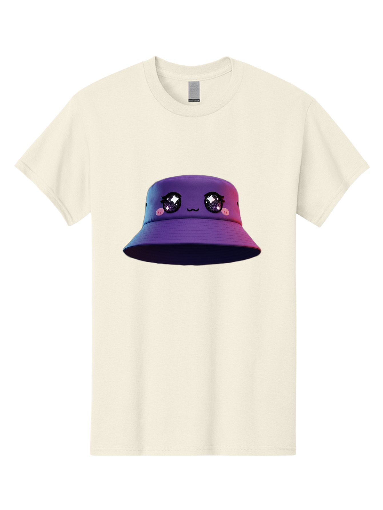 Purple-Bucket-Hat Men'S Graphic Tee, 100% Cotton, Comfortable Casual Summer Wear, Machine Washable, Purple Bucket Hat, Cartoonish Face, Anime Style, Kawaii Fashion, Sparkly Eyes, Fashionable Accessory, Trendy Headwear, Youth Culture, Bad461 14