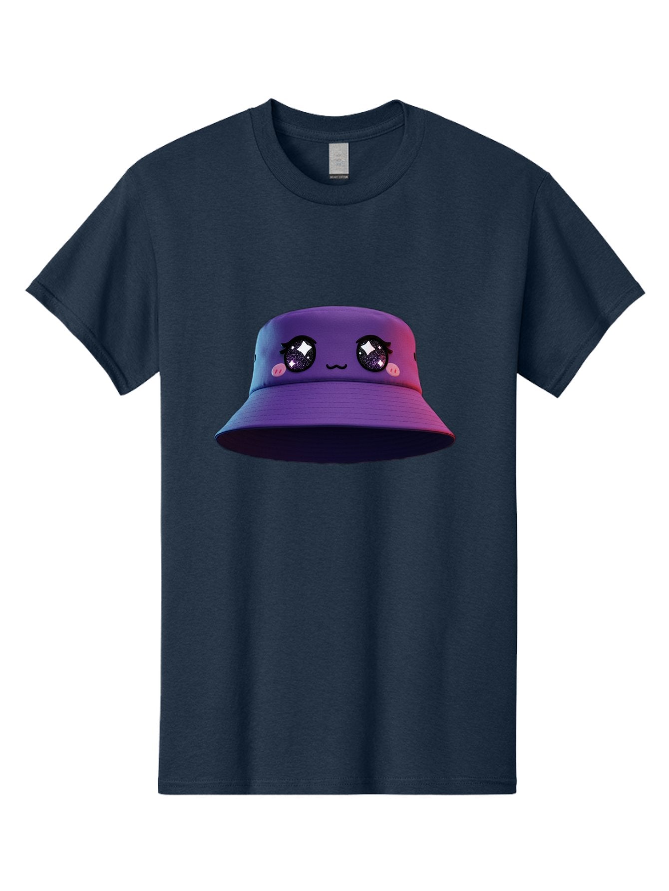 Purple-Bucket-Hat Men'S Graphic Tee, 100% Cotton, Comfortable Casual Summer Wear, Machine Washable, Purple Bucket Hat, Cartoonish Face, Anime Style, Kawaii Fashion, Sparkly Eyes, Fashionable Accessory, Trendy Headwear, Youth Culture, Bad461 5