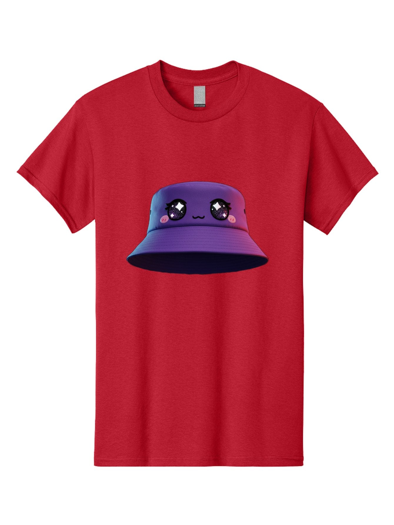 Purple-Bucket-Hat Men'S Graphic Tee, 100% Cotton, Comfortable Casual Summer Wear, Machine Washable, Purple Bucket Hat, Cartoonish Face, Anime Style, Kawaii Fashion, Sparkly Eyes, Fashionable Accessory, Trendy Headwear, Youth Culture, Bad461 4