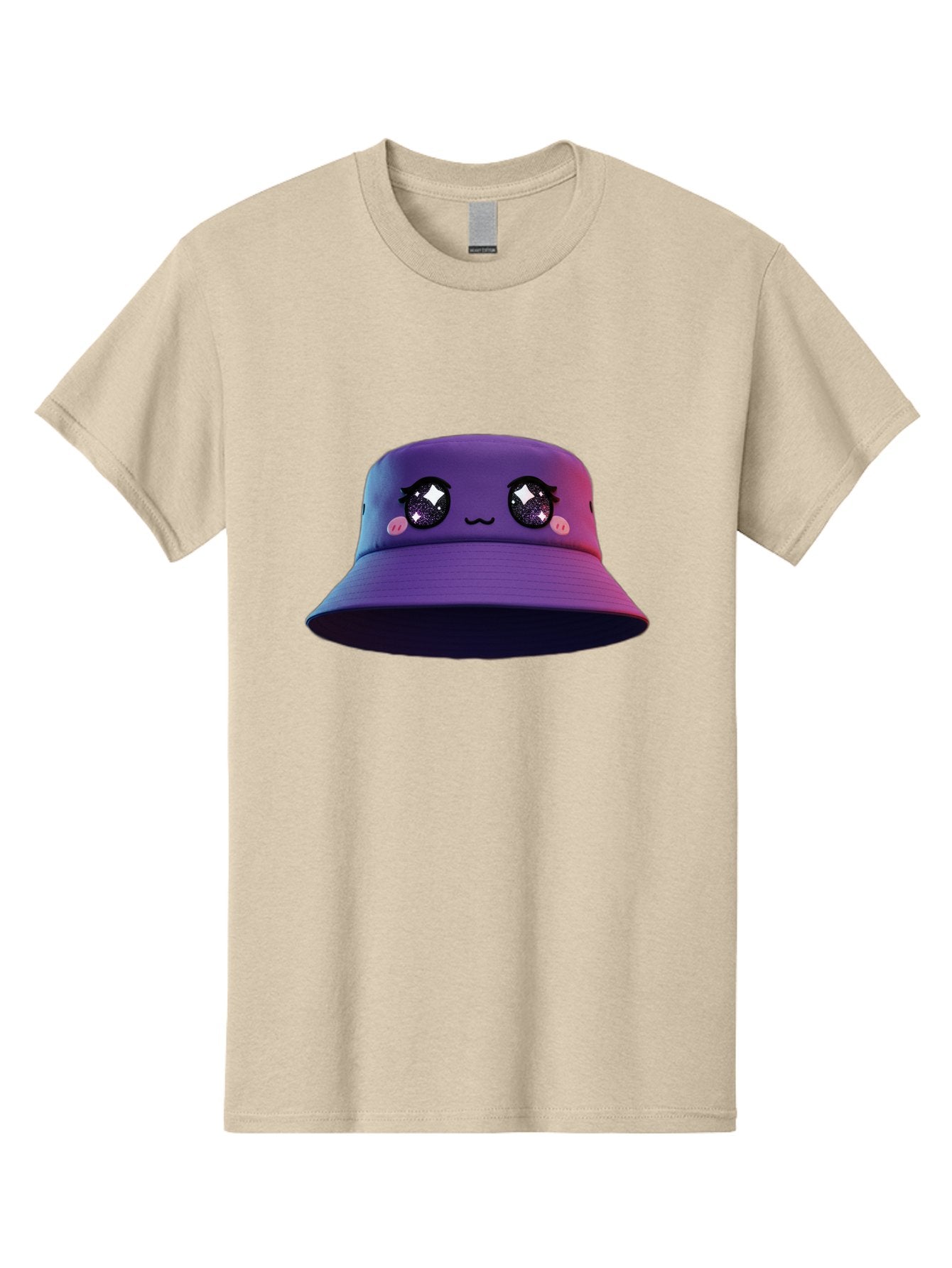 Purple-Bucket-Hat Men'S Graphic Tee, 100% Cotton, Comfortable Casual Summer Wear, Machine Washable, Purple Bucket Hat, Cartoonish Face, Anime Style, Kawaii Fashion, Sparkly Eyes, Fashionable Accessory, Trendy Headwear, Youth Culture, Bad461 8