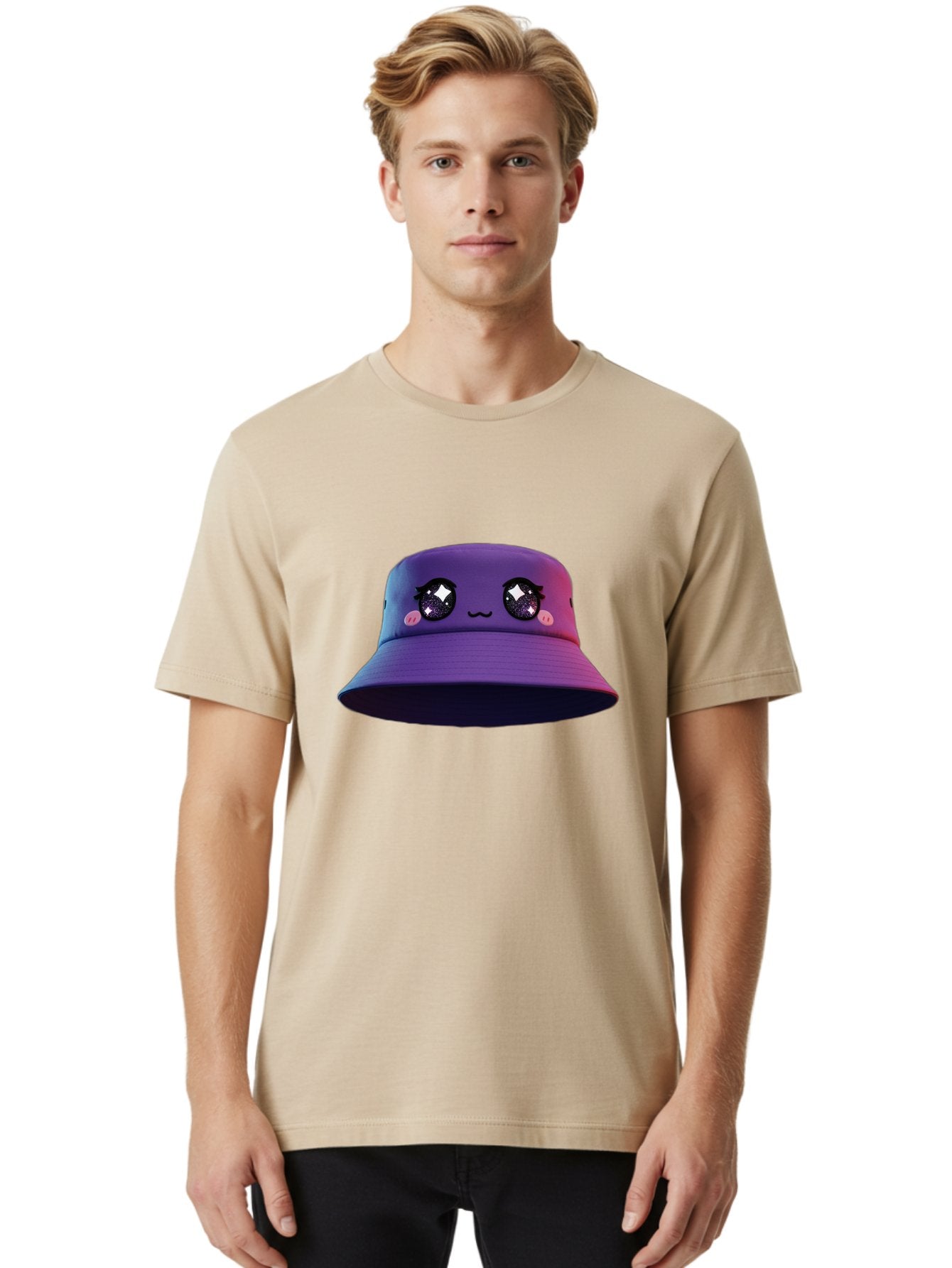Purple-Bucket-Hat Men'S Graphic Tee, 100% Cotton, Comfortable Casual Summer Wear, Machine Washable, Purple Bucket Hat, Cartoonish Face, Anime Style, Kawaii Fashion, Sparkly Eyes, Fashionable Accessory, Trendy Headwear, Youth Culture, Bad461 25