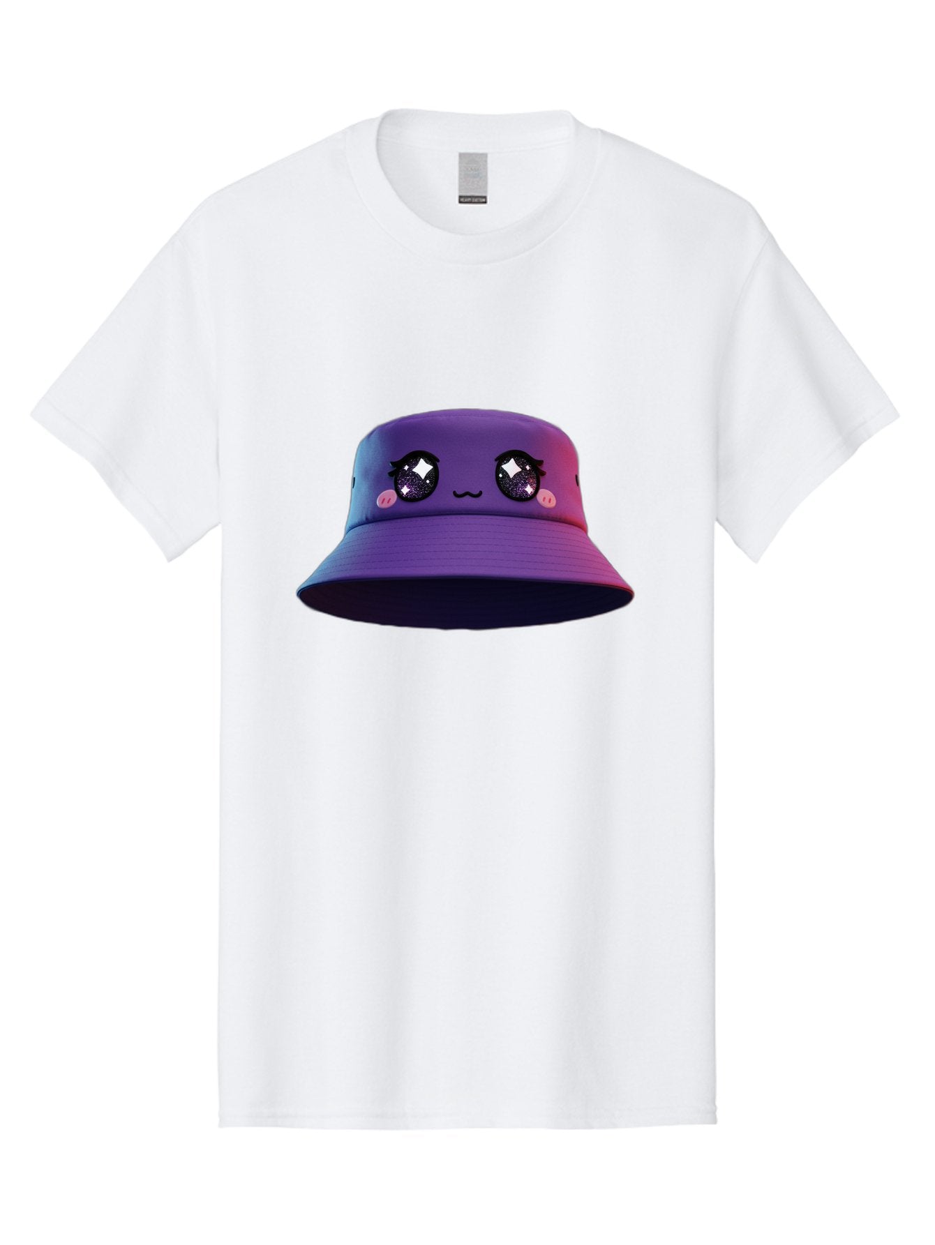 Purple-Bucket-Hat Men'S Graphic Tee, 100% Cotton, Comfortable Casual Summer Wear, Machine Washable, Purple Bucket Hat, Cartoonish Face, Anime Style, Kawaii Fashion, Sparkly Eyes, Fashionable Accessory, Trendy Headwear, Youth Culture, Bad461 11
