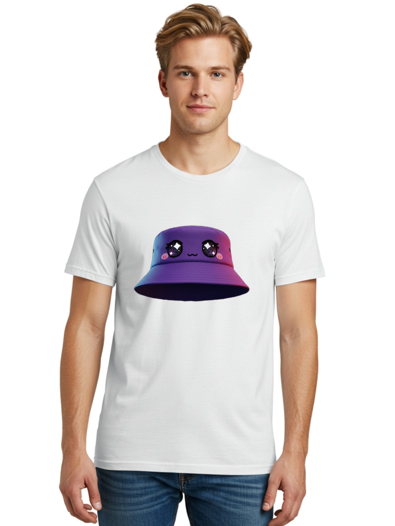 Purple-Bucket-Hat Men'S Graphic Tee, 100% Cotton, Comfortable Casual Summer Wear, Machine Washable, Purple Bucket Hat, Cartoonish Face, Anime Style, Kawaii Fashion, Sparkly Eyes, Fashionable Accessory, Trendy Headwear, Youth Culture, Bad461 27