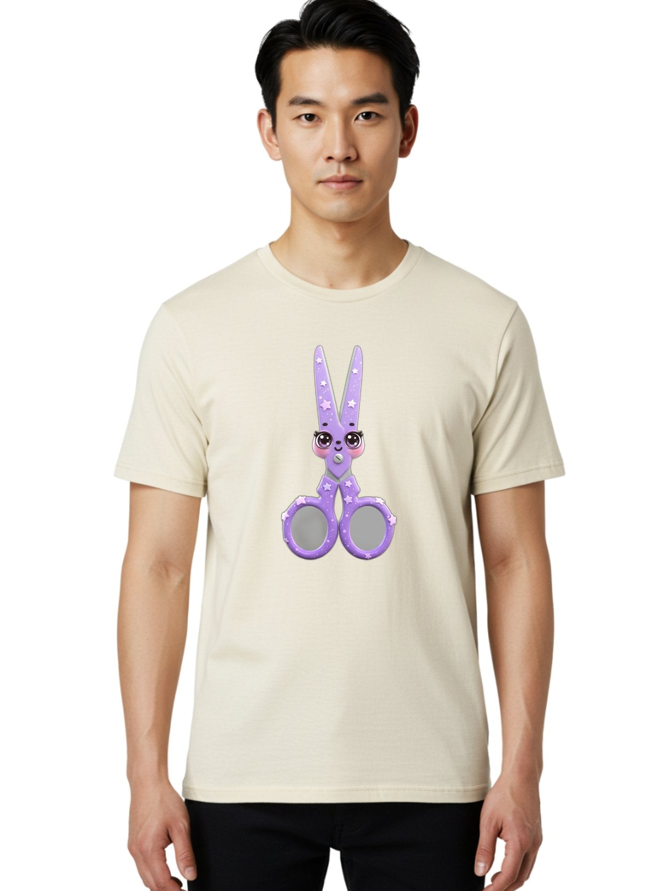 Purple-Bunny-Scissors Men'S Graphic Tee, 100% Cotton, Comfortable Casual Summer Wear, Machine Washable, Cute Cartoon Bunny, Purple Scissors, Star Pattern, Children'S Craft Tool, Art Supplies, Nursery Decor, Fun Design, Bad462 21