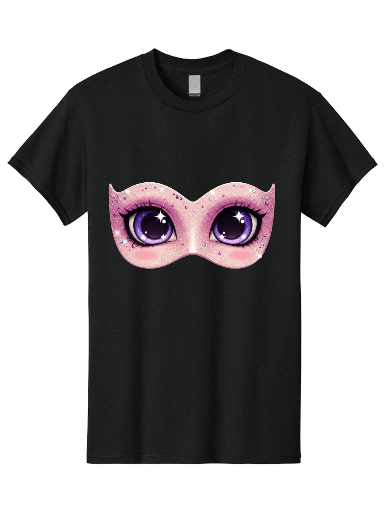 Purple-Eyes-Mask Men'S Graphic Tee, 100% Cotton, Comfortable Casual Summer Wear, Machine Washable, Cartoon Woman Eyes, Purple Eyes, Pink Mask, Rhinestones, Glamorous, Mysterious, Fashion, Beauty, Makeup, Cosmetics Bad463 9