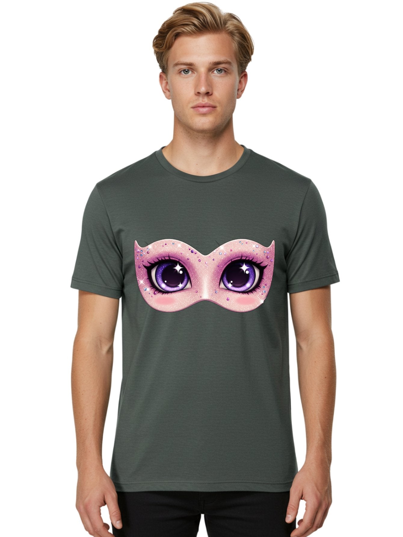 Purple-Eyes-Mask Men'S Graphic Tee, 100% Cotton, Comfortable Casual Summer Wear, Machine Washable, Cartoon Woman Eyes, Purple Eyes, Pink Mask, Rhinestones, Glamorous, Mysterious, Fashion, Beauty, Makeup, Cosmetics Bad463 18