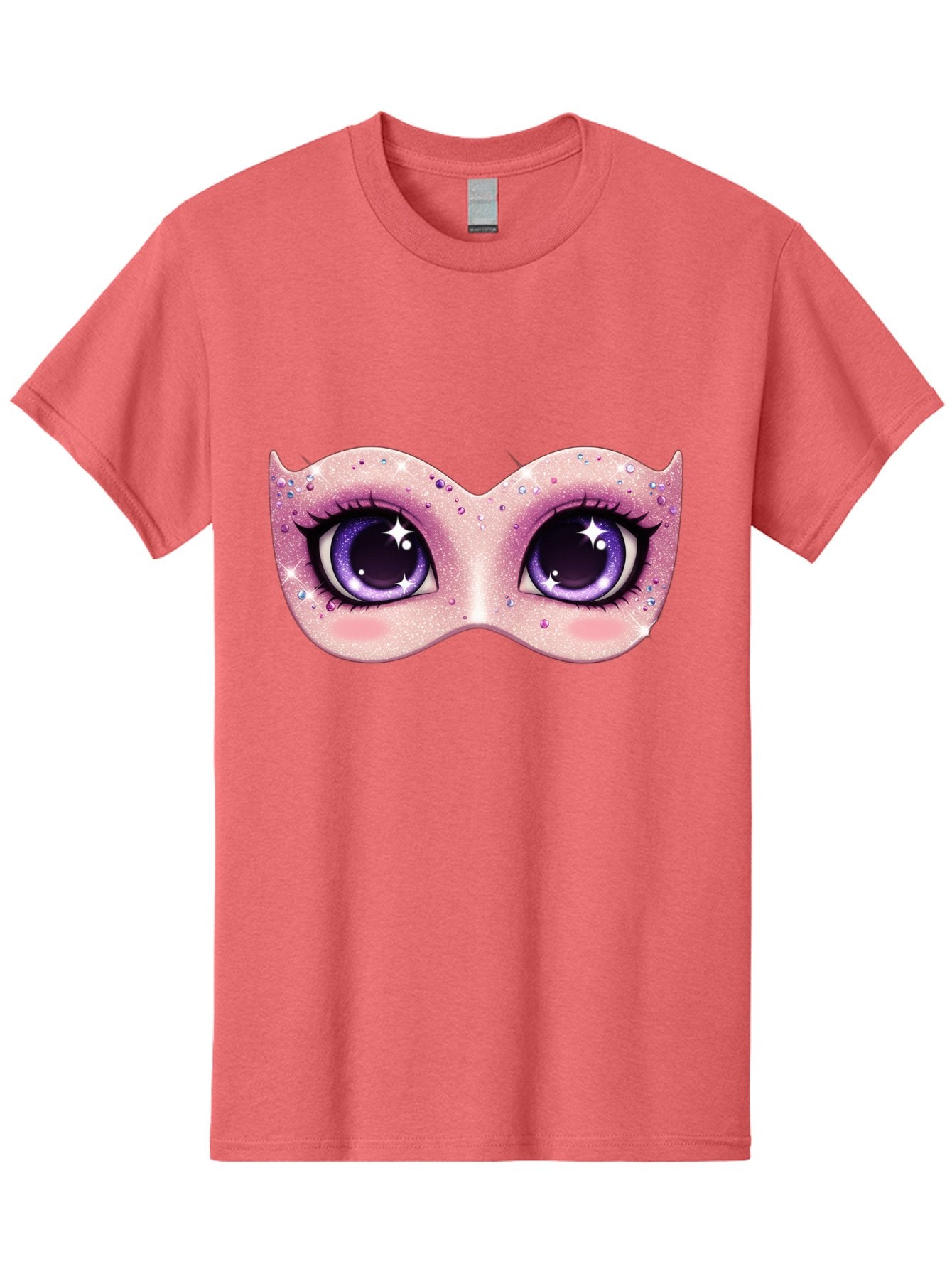 Purple-Eyes-Mask Men'S Graphic Tee, 100% Cotton, Comfortable Casual Summer Wear, Machine Washable, Cartoon Woman Eyes, Purple Eyes, Pink Mask, Rhinestones, Glamorous, Mysterious, Fashion, Beauty, Makeup, Cosmetics Bad463