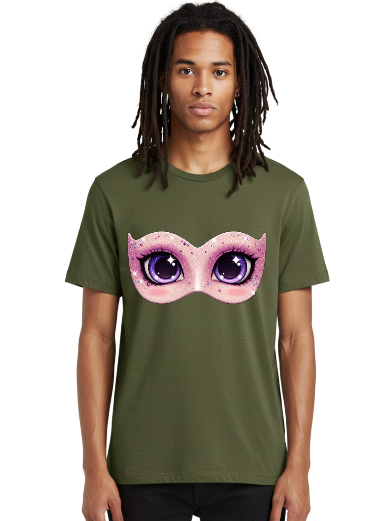 Purple-Eyes-Mask Men'S Graphic Tee, 100% Cotton, Comfortable Casual Summer Wear, Machine Washable, Cartoon Woman Eyes, Purple Eyes, Pink Mask, Rhinestones, Glamorous, Mysterious, Fashion, Beauty, Makeup, Cosmetics Bad463 17