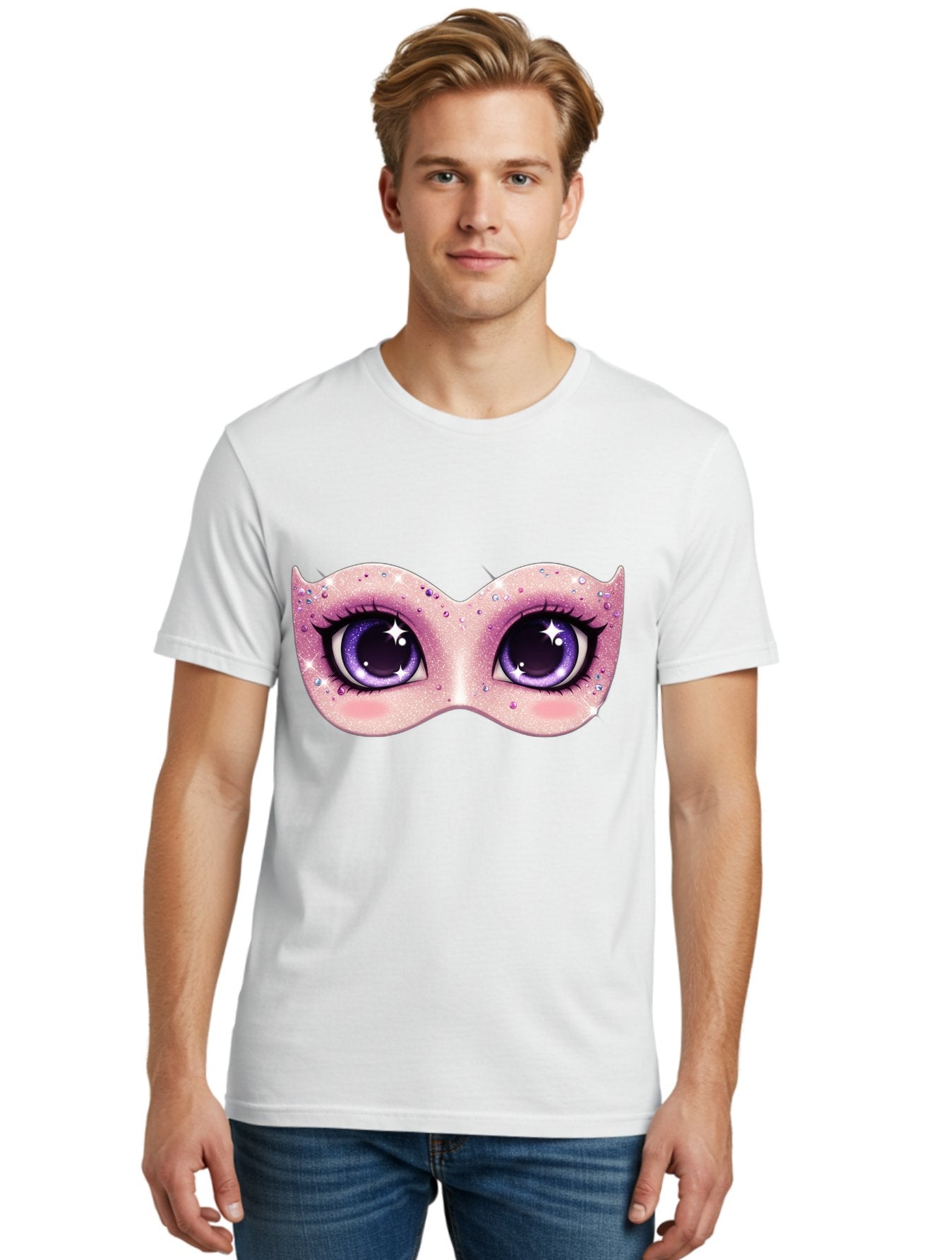 Purple-Eyes-Mask Men'S Graphic Tee, 100% Cotton, Comfortable Casual Summer Wear, Machine Washable, Cartoon Woman Eyes, Purple Eyes, Pink Mask, Rhinestones, Glamorous, Mysterious, Fashion, Beauty, Makeup, Cosmetics Bad463 21