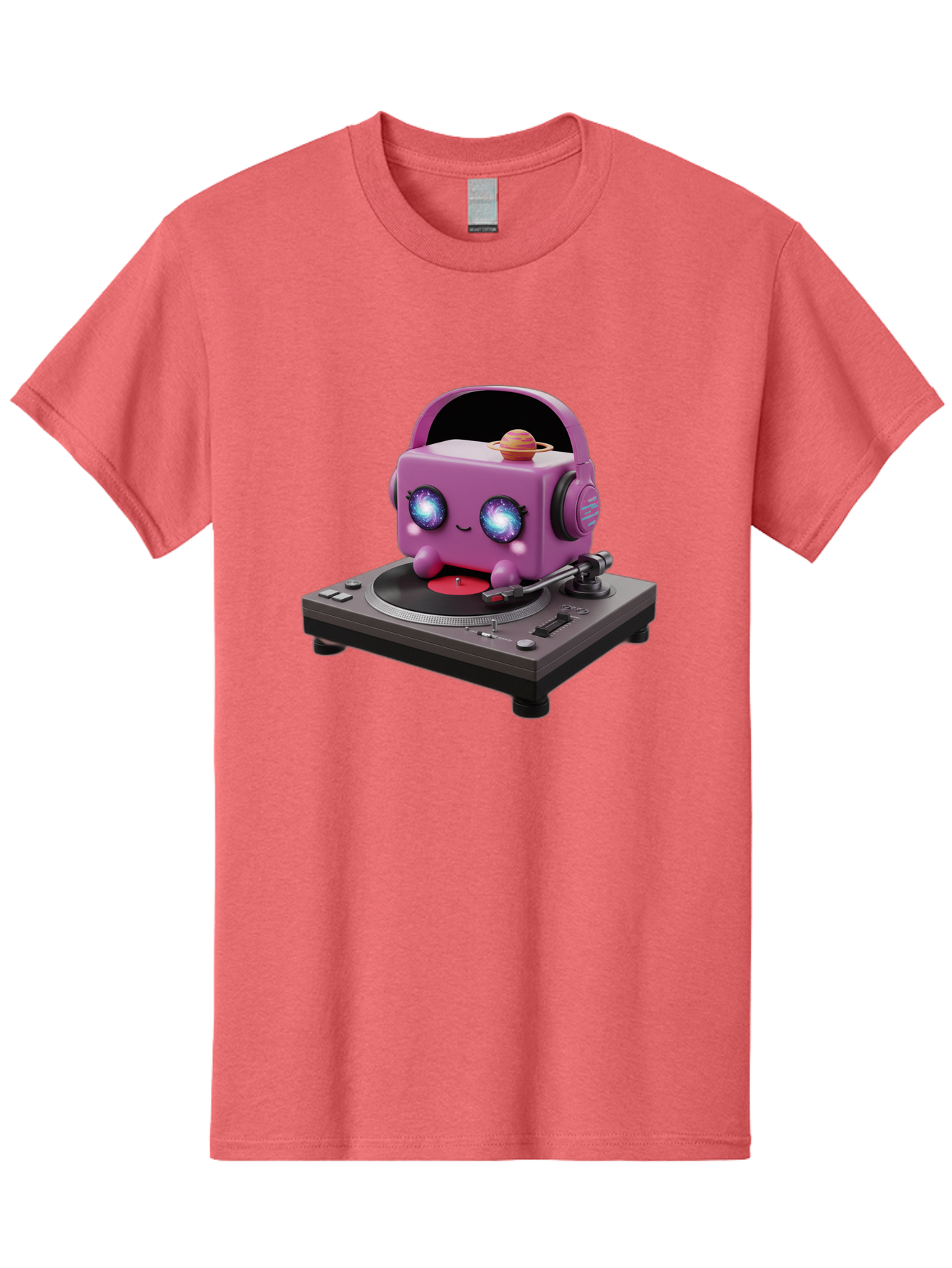 Purple-Robot Men'S Graphic Tee, 100% Cotton, Comfortable Casual Summer Wear, Machine Washable, Purple Robot, Record Player, Vinyl Records, Music Lover, Kawaii Character, Cartoon Robot, Galaxy Eyes, Planet On Head, Headphones, Music Enthusiast, Bad465 6