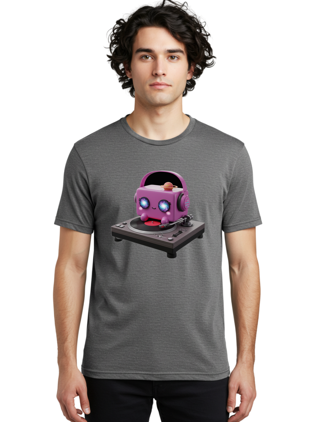 Purple-Robot Men'S Graphic Tee, 100% Cotton, Comfortable Casual Summer Wear, Machine Washable, Purple Robot, Record Player, Vinyl Records, Music Lover, Kawaii Character, Cartoon Robot, Galaxy Eyes, Planet On Head, Headphones, Music Enthusiast, Bad465 19