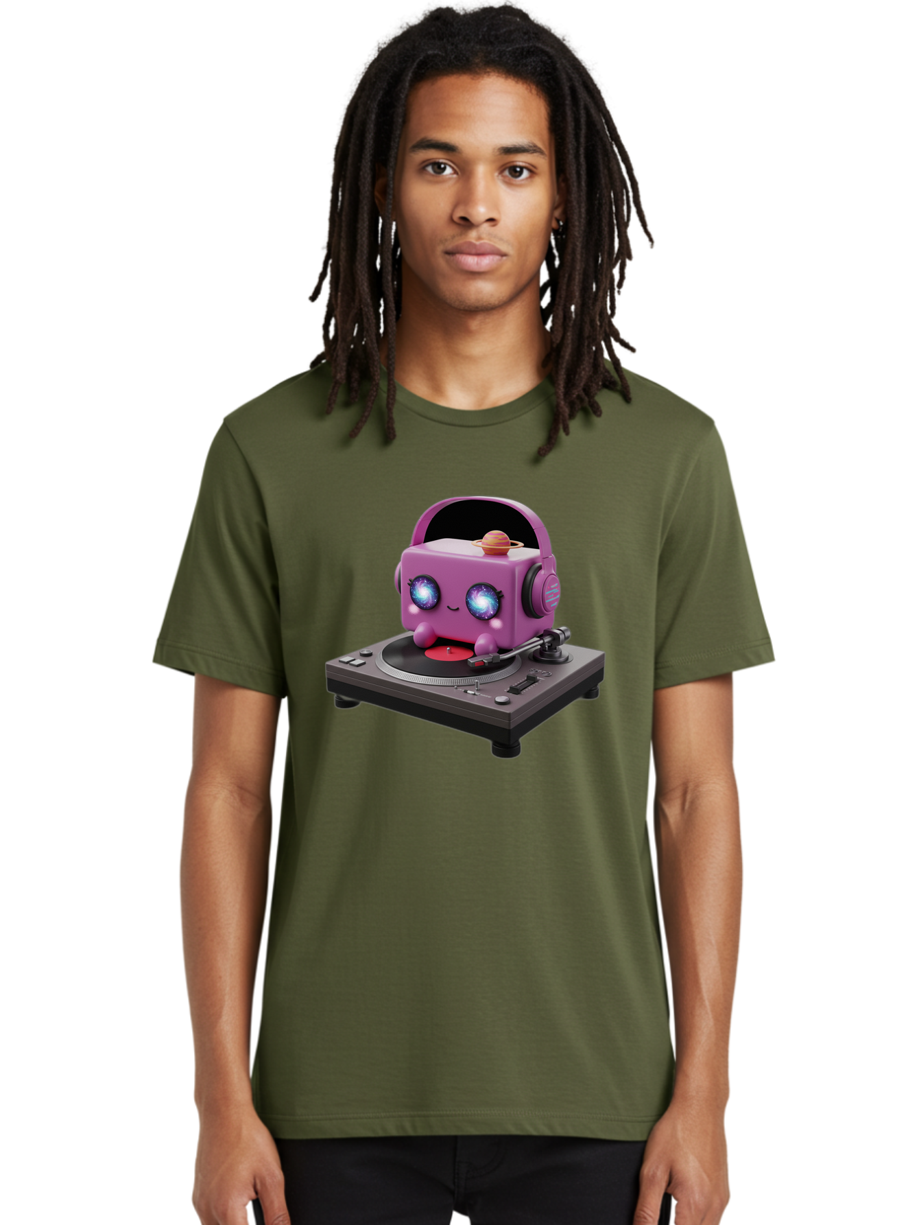 Purple-Robot Men'S Graphic Tee, 100% Cotton, Comfortable Casual Summer Wear, Machine Washable, Purple Robot, Record Player, Vinyl Records, Music Lover, Kawaii Character, Cartoon Robot, Galaxy Eyes, Planet On Head, Headphones, Music Enthusiast, Bad465 30