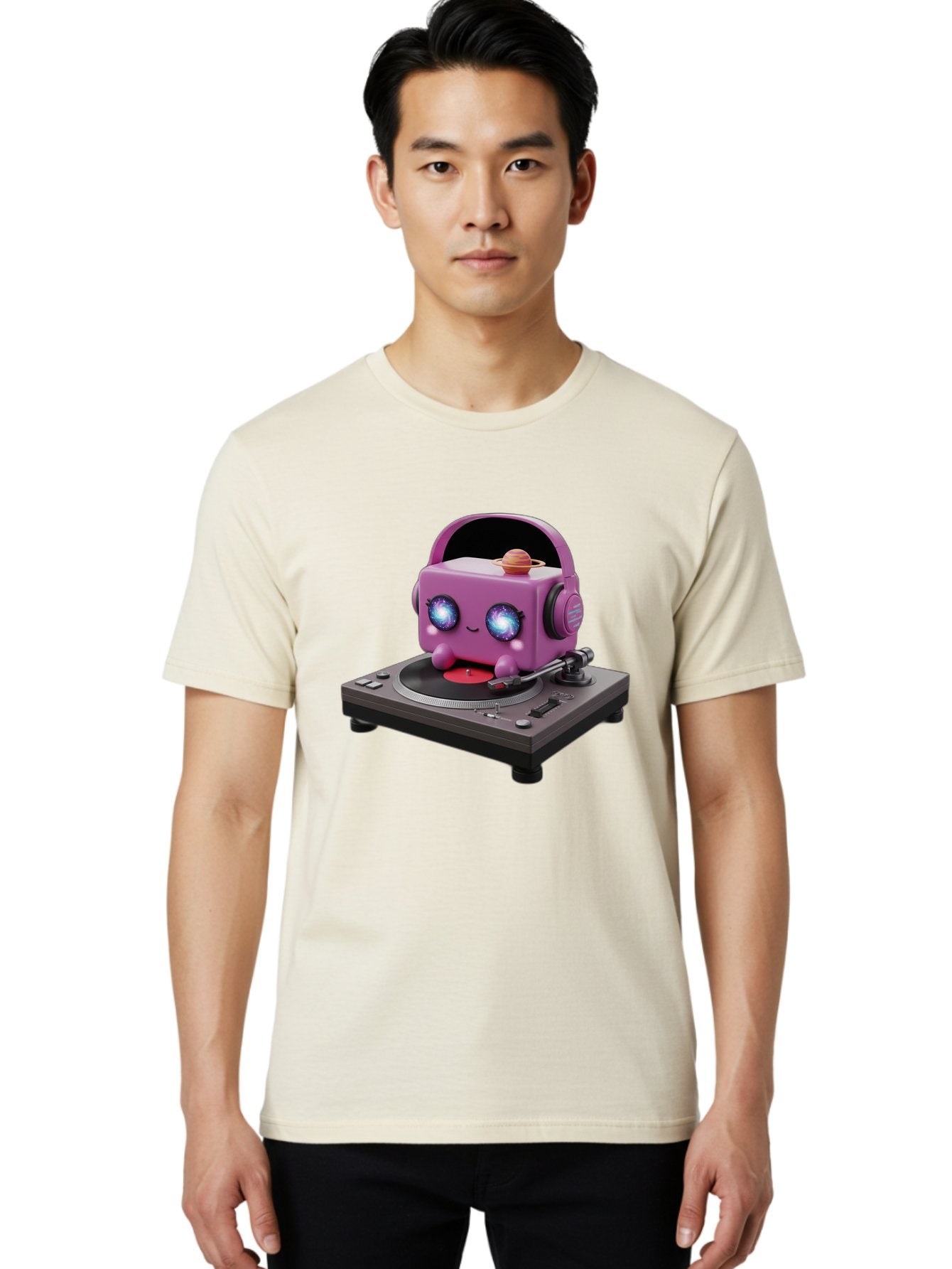 Purple-Robot Men'S Graphic Tee, 100% Cotton, Comfortable Casual Summer Wear, Machine Washable, Purple Robot, Record Player, Vinyl Records, Music Lover, Kawaii Character, Cartoon Robot, Galaxy Eyes, Planet On Head, Headphones, Music Enthusiast, Bad465 24