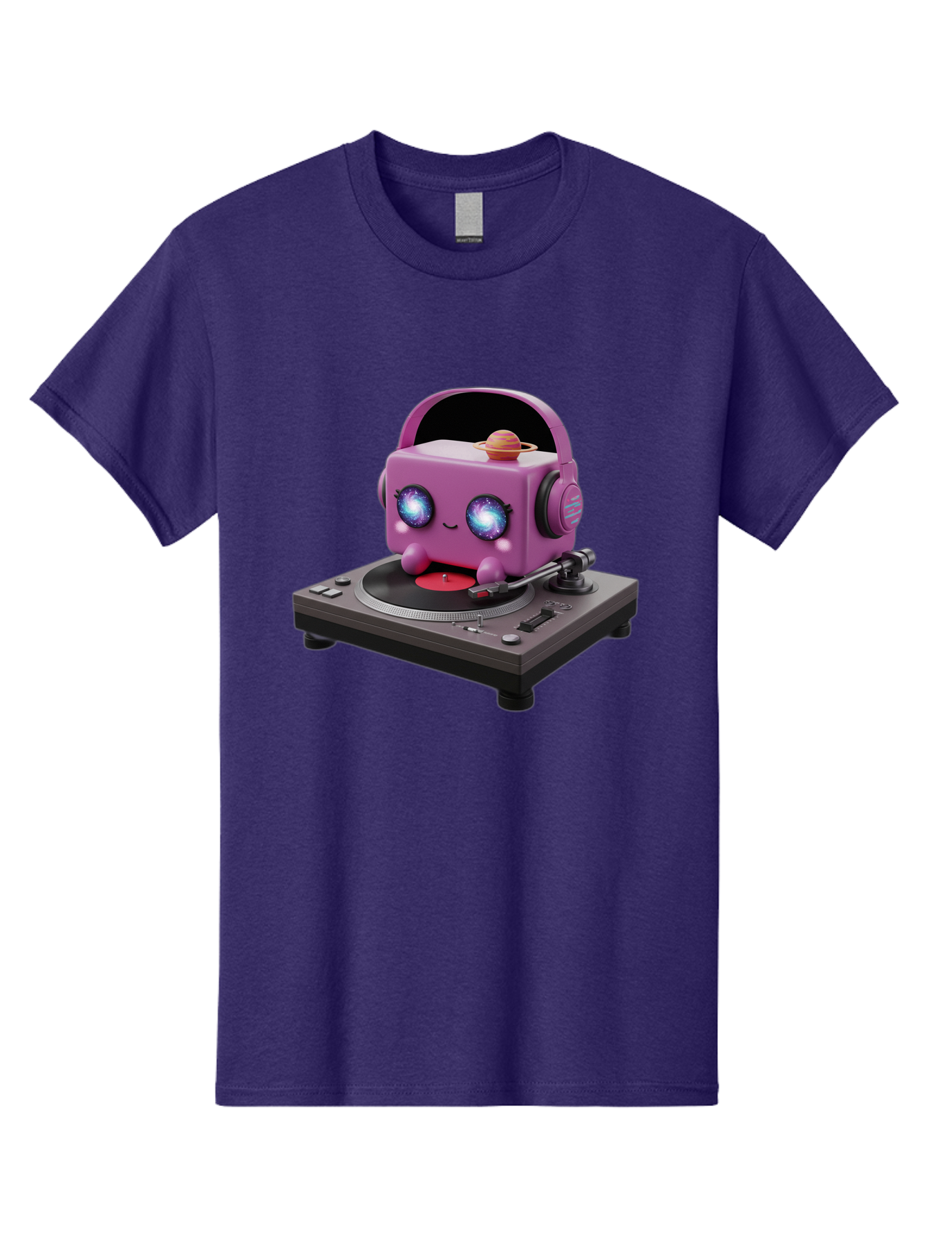 Purple-Robot Men'S Graphic Tee, 100% Cotton, Comfortable Casual Summer Wear, Machine Washable, Purple Robot, Record Player, Vinyl Records, Music Lover, Kawaii Character, Cartoon Robot, Galaxy Eyes, Planet On Head, Headphones, Music Enthusiast, Bad465 5