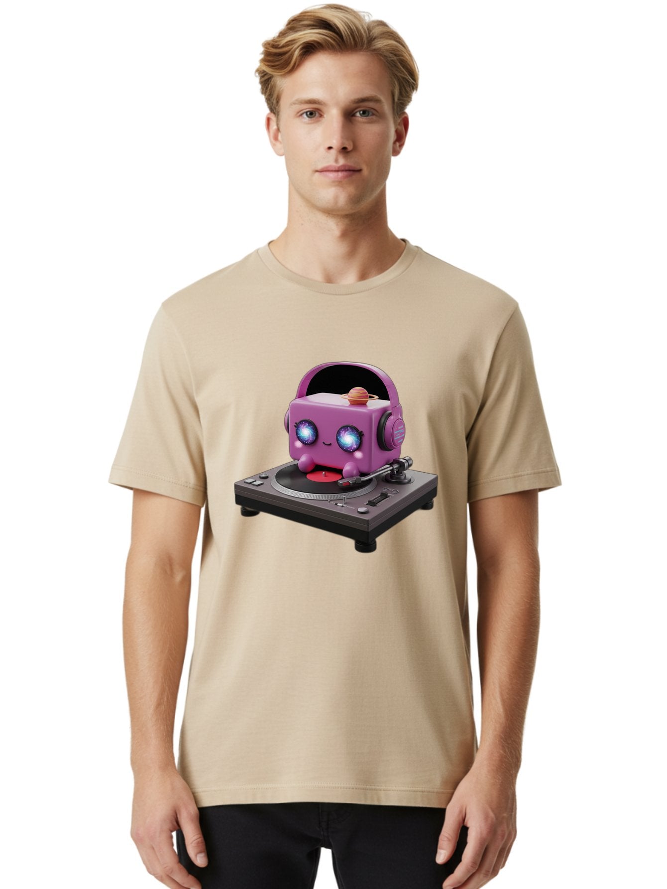 Purple-Robot Men'S Graphic Tee, 100% Cotton, Comfortable Casual Summer Wear, Machine Washable, Purple Robot, Record Player, Vinyl Records, Music Lover, Kawaii Character, Cartoon Robot, Galaxy Eyes, Planet On Head, Headphones, Music Enthusiast, Bad465 30